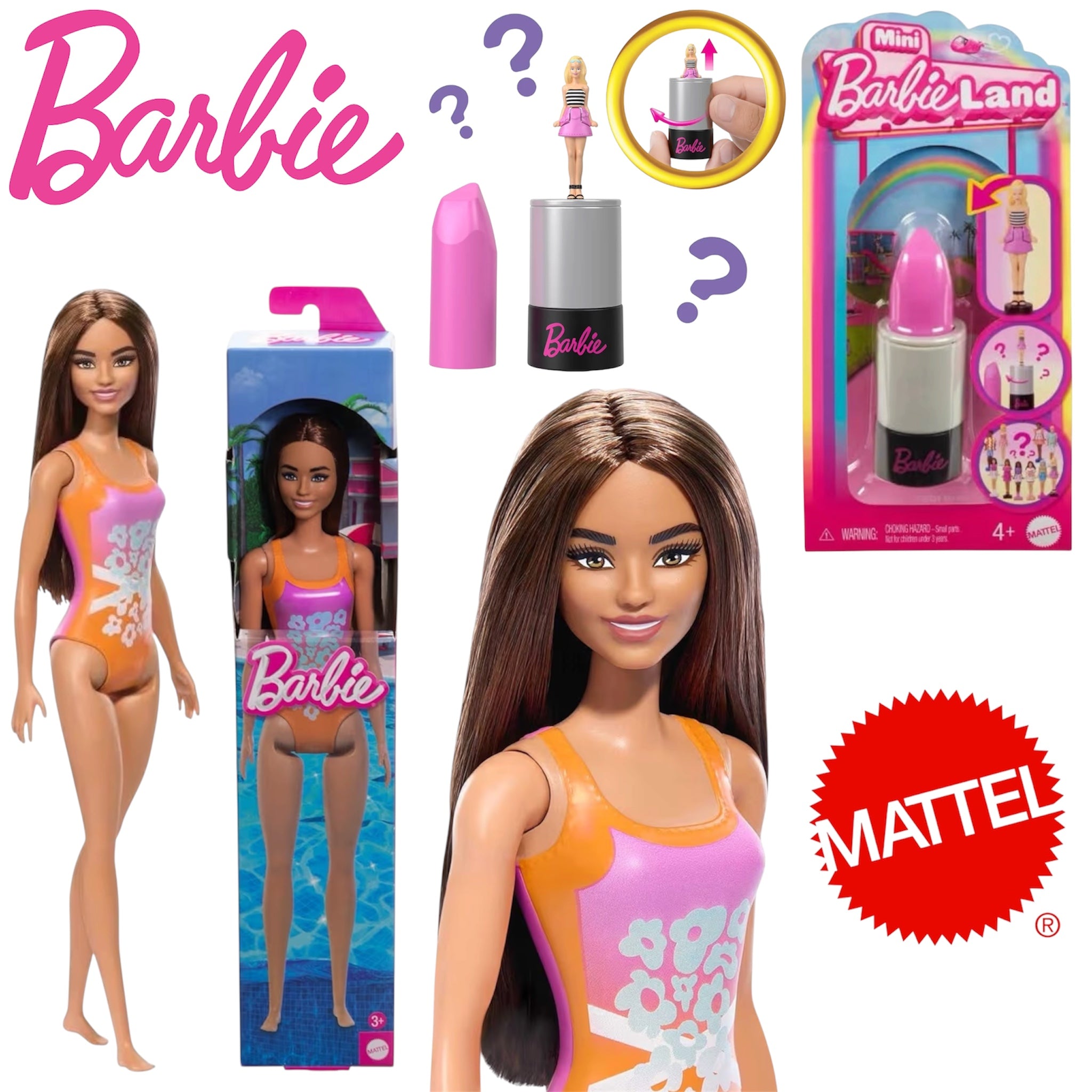 Mattel Barbie Beach Castana e Mini BarbieLand Fashionistas 3,8 cm a Sorpresa nel Rossetto