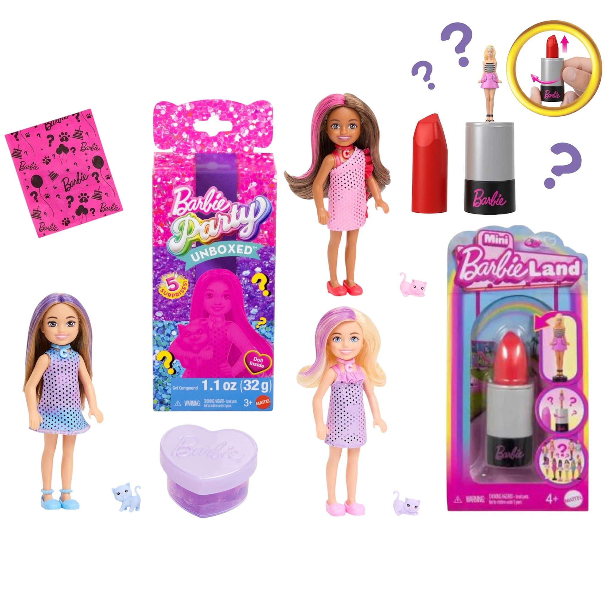 Mattel Barbie Party Surprise Chelsea 1 pz bambola e Mini BarbieLand Fashionistas 3,8 cm a Sorpresa Tubetto Rossetto Rosso