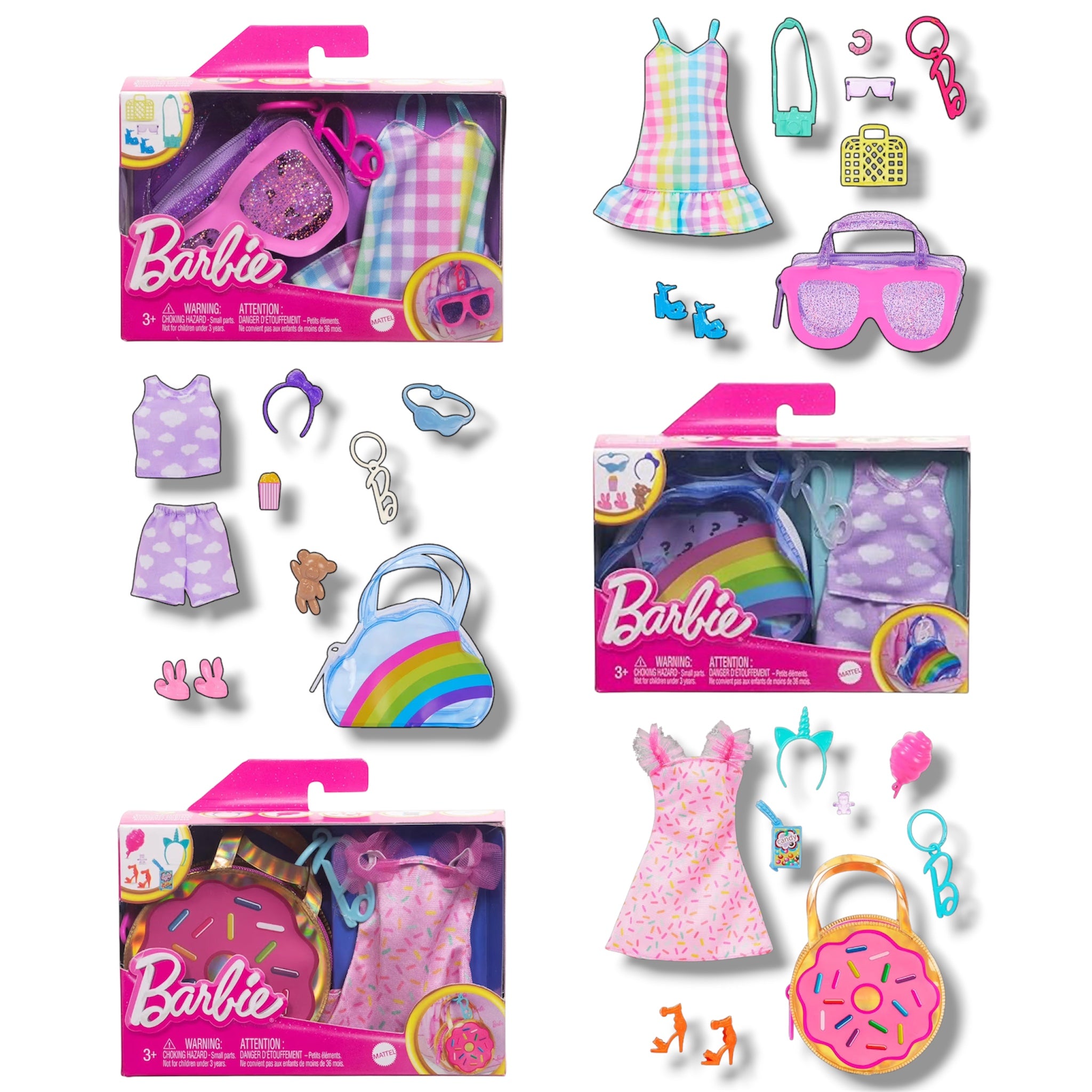 Mattel Barbie Vestiti Deluxe e Borsette Ciambella Donut, Arcobaleno e Sunglasses Set Abbigliamento Pigiama Party ed Estate