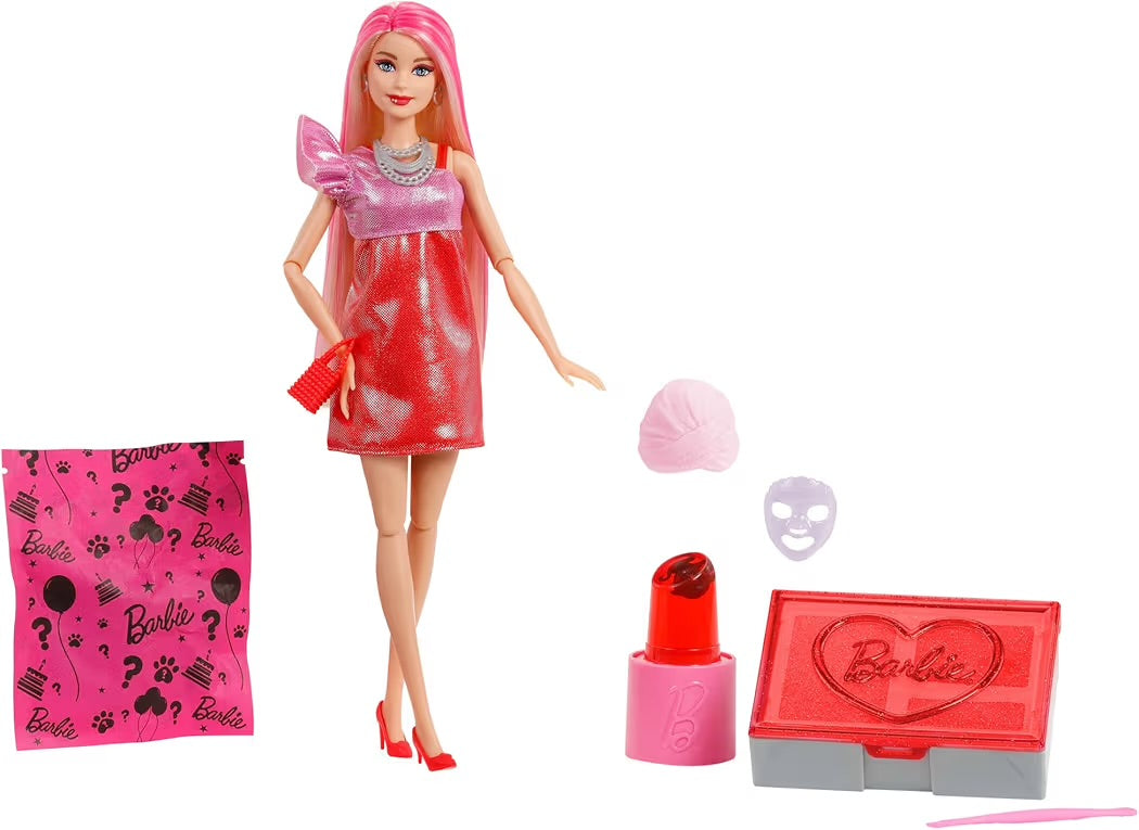 Mattel Barbie Party Surprise Rossa Brillante e Mini BarbieLand Fashionistas 3,8 cm a Sorpresa Tubetto Rossetto Rosso