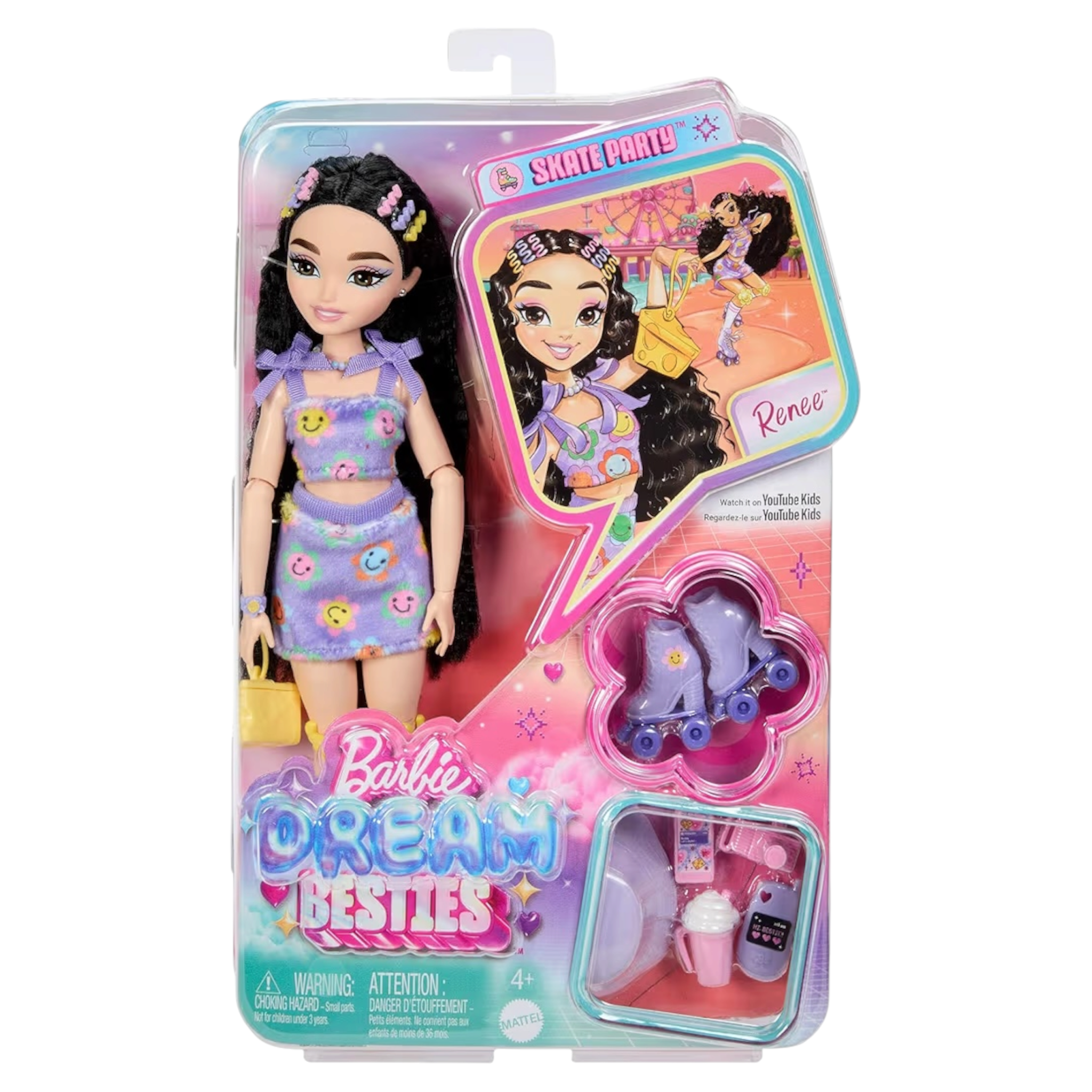 Mattel Barbie Dream Besties Renee Bambola Snodata Pattini a Rotelle e Mini BarbieLand Fashionistas 3,8 cm a Sorpresa Tubetto Rossetto Rosso