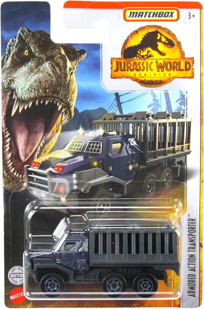Mattel Matchbox Jurassic World Dominion - Veicoli in scala 1:64 in metallo pressofuso - Trasportatore d'azione corazzato