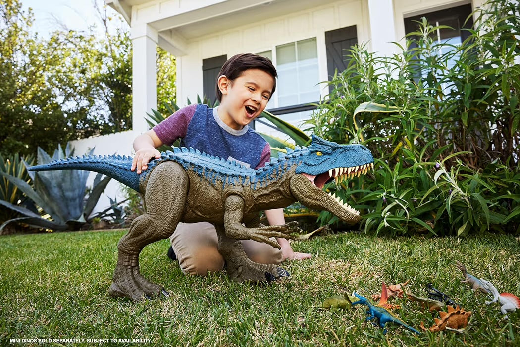 Mattel Jurassic World Teoria del Caos Allosauro Super Colossale dinosauro extra-large lungo 97 cm con dorso acuminato in grado di inghiottire 20 mini dinosauri 4+ anni, HRX53