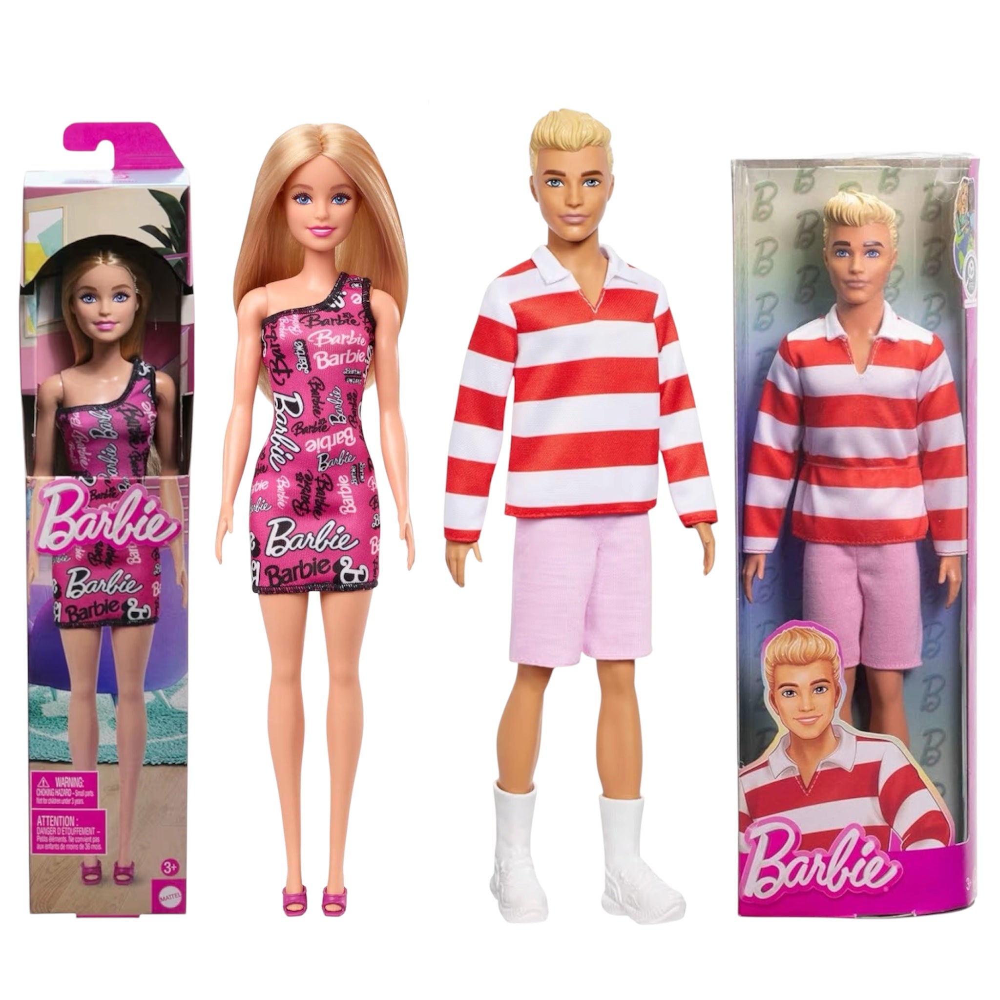 Mattel Barbie & Ken Fashionistas Barbie bionda HRH07 in abito monospalla rosa e Ken Fashionistas 241 con polo a righe e shorts