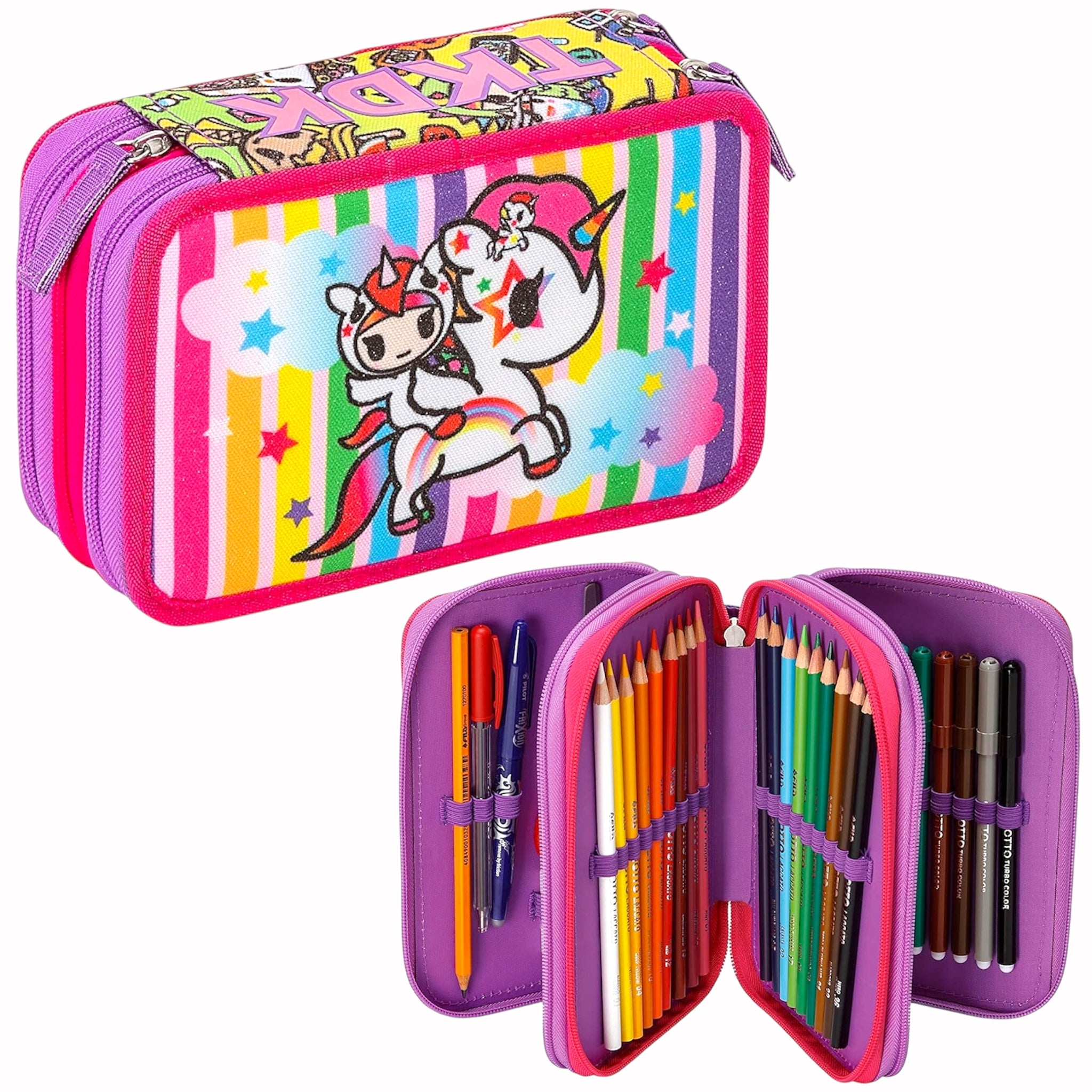 Astuccio Tokidoki Scuola 3 Scomparti Con Penna Frixion Cancellabile, Accessori Da Viaggio Organizer Per Valigia Unisex Bambini E Ragazzi, Multicolore,