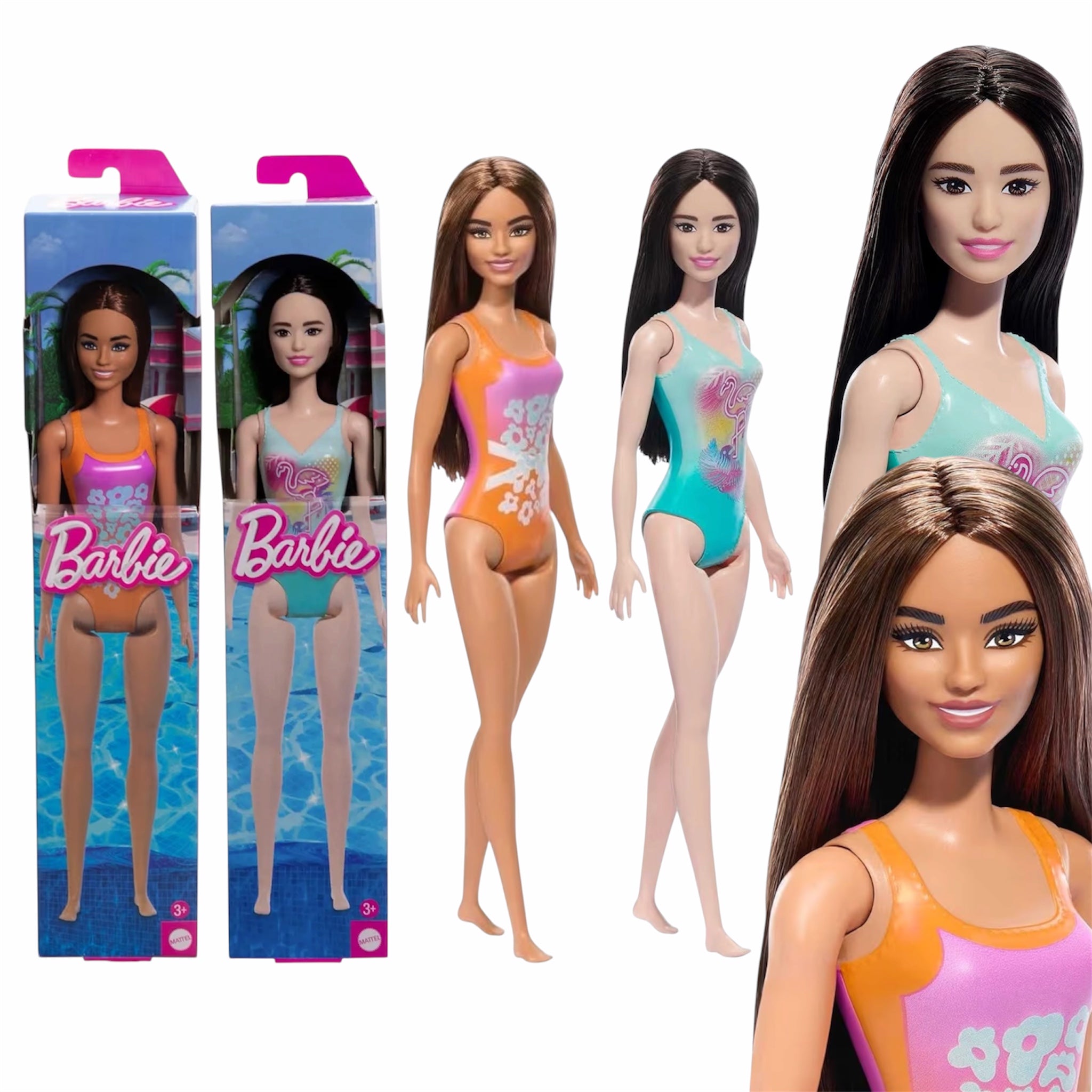 Mattel Barbie Beach Castana e Mora Coppia Bambole da Spiaggia con Costume da Mare