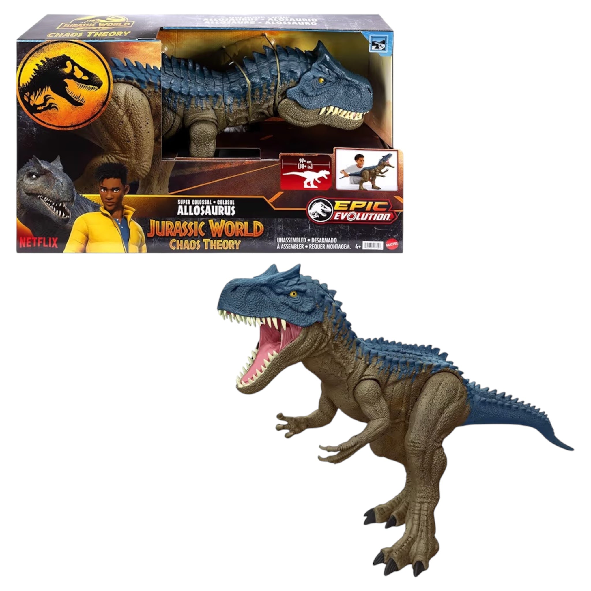 Mattel Jurassic World Teoria del Caos Allosauro Super Colossale dinosauro extra-large lungo 97 cm con dorso acuminato in grado di inghiottire 20 mini dinosauri 4+ anni, HRX53