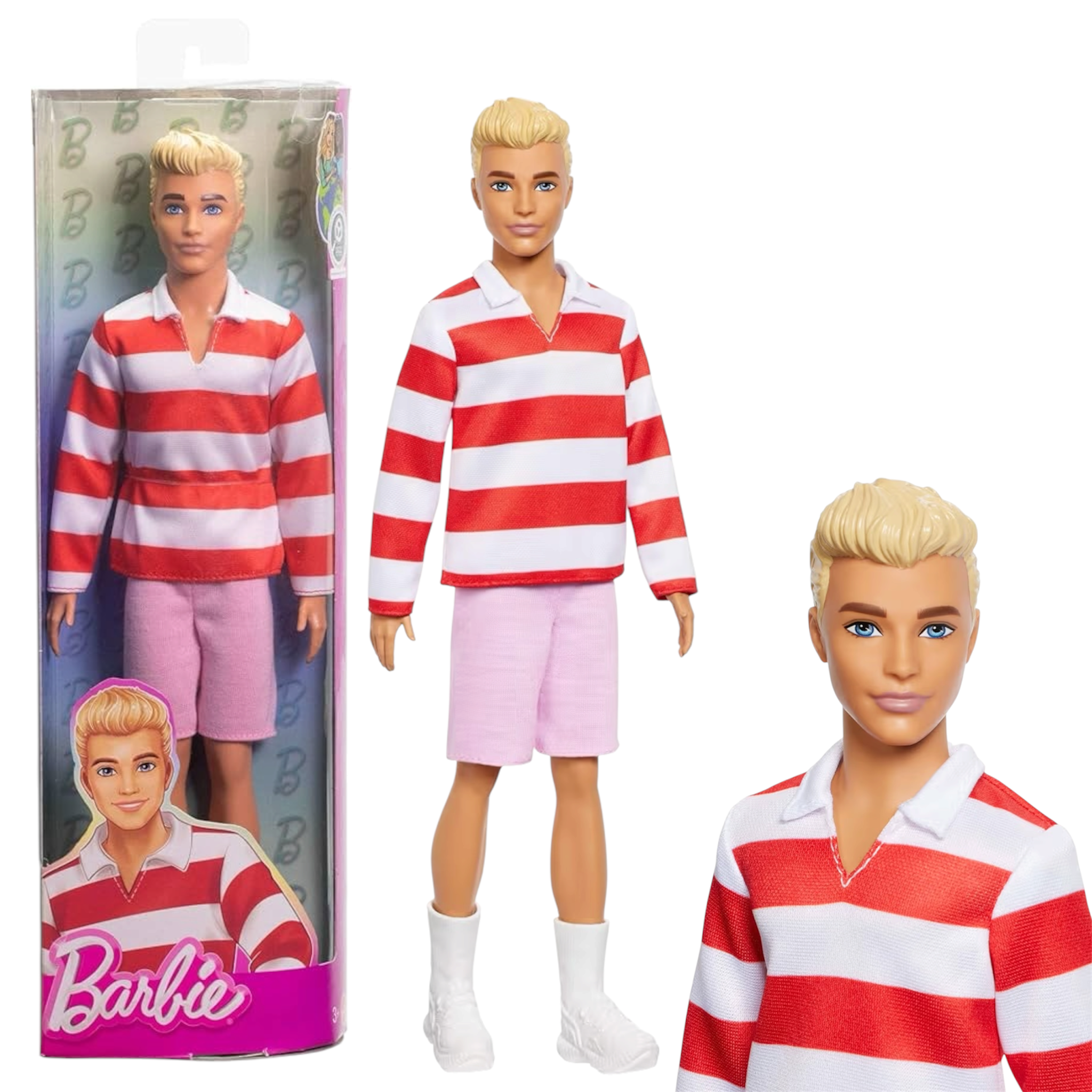 Barbie Ken Fashionistas 241 con Capelli Biondi, Polo a Righe e Shorts Rosa giocattolo per bambini 3+ anni