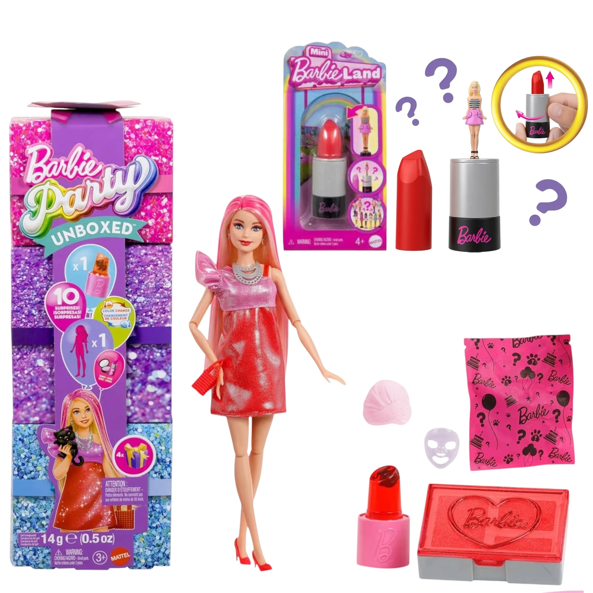 Mattel Barbie Party Surprise Rossa Brillante e Mini BarbieLand Fashionistas 3,8 cm a Sorpresa Tubetto Rossetto Rosso
