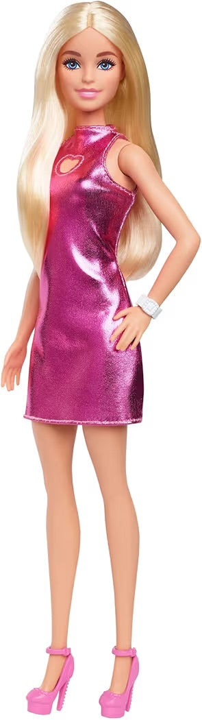 Mattel Barbie Fashionistas 230 HYT88 Bambola con Capelli Biondi, Abito Rosa Metallizzato e Accessori