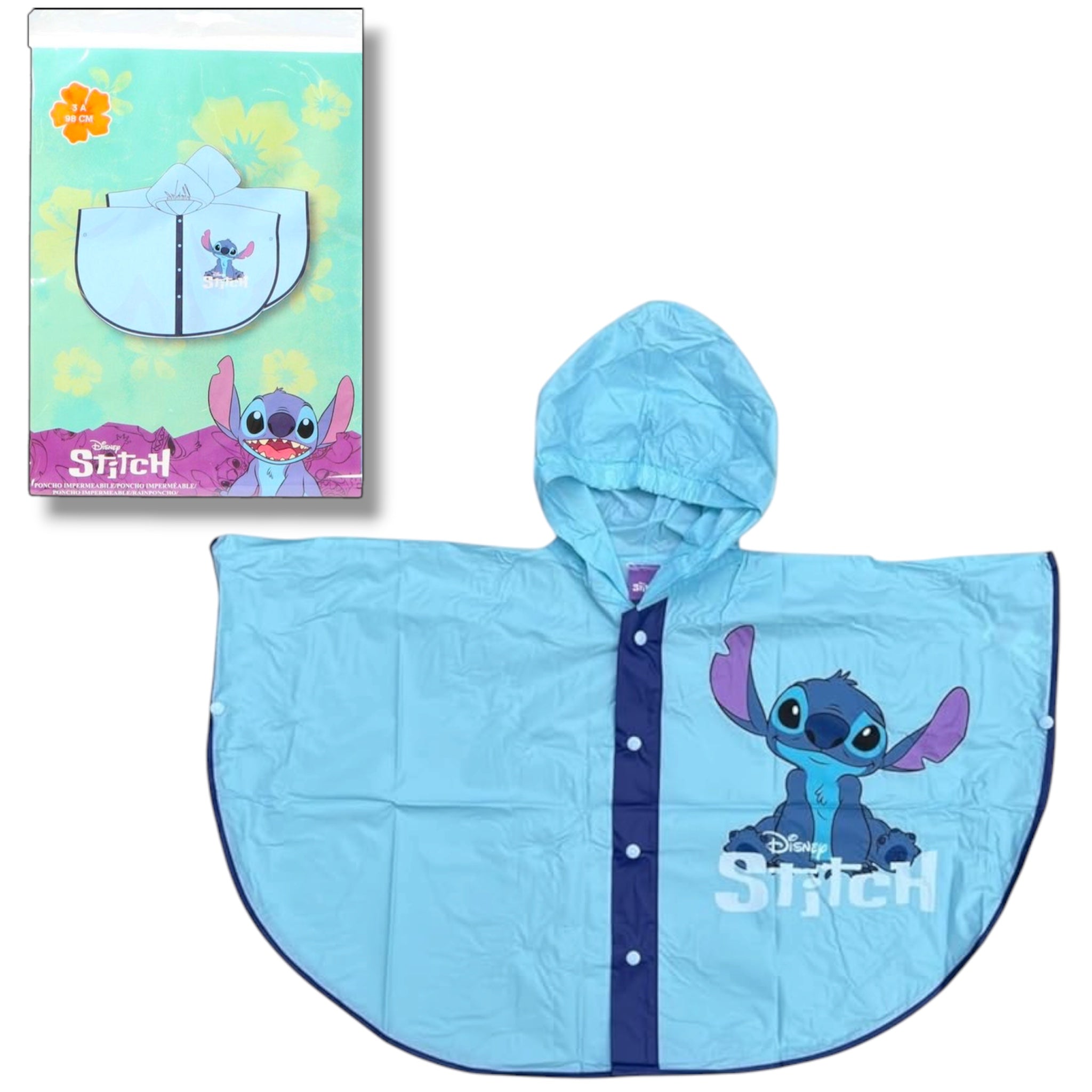 Poncho DISNEY STITCH Impermeabile 6 Anni 116 cm Mantello antipioggia per bambini con cappuccio e chiusura a bottoni
