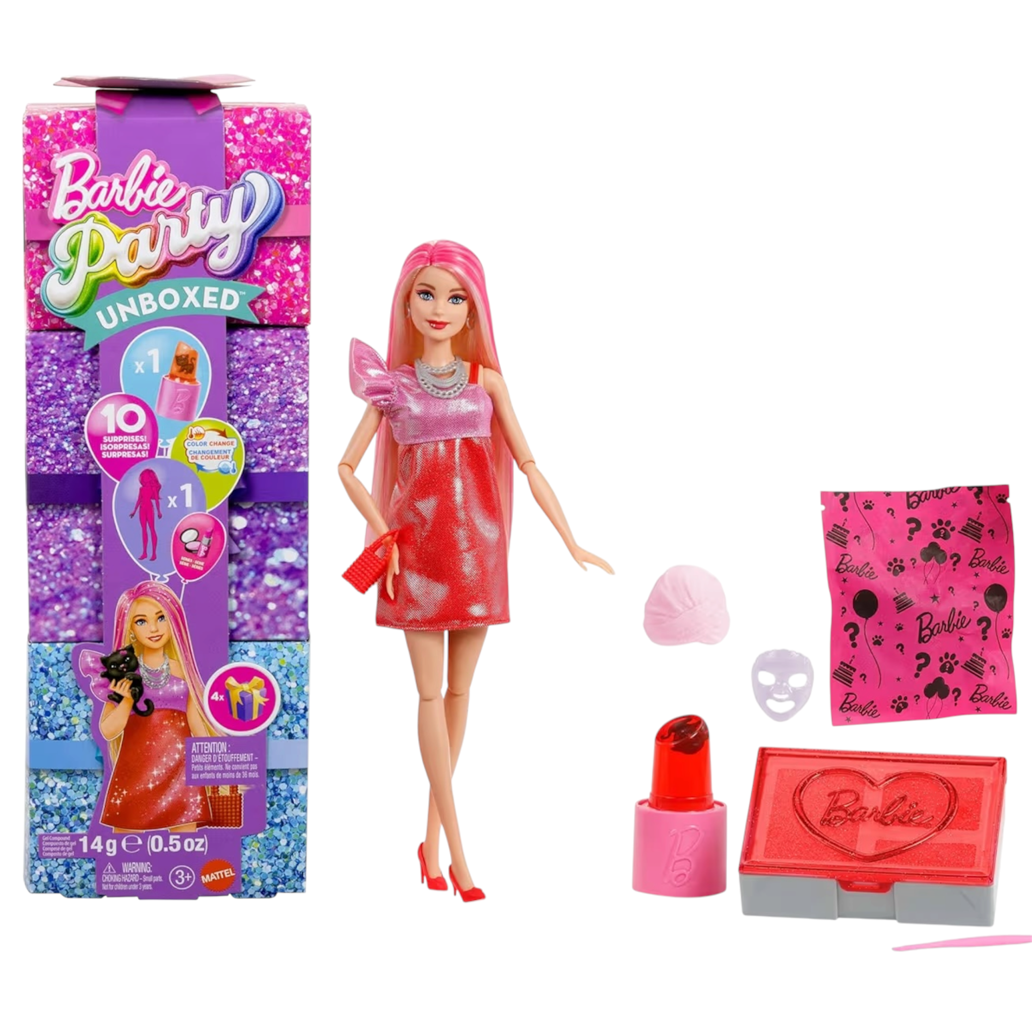 Mattel Barbie Party Surprise Rossa Brillante e Mini BarbieLand Fashionistas 3,8 cm a Sorpresa Tubetto Rossetto Rosso