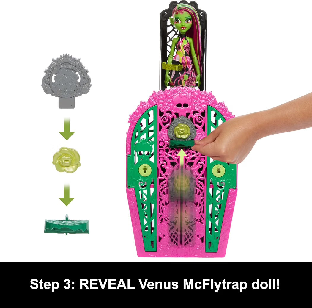 Mattel Monster High Segreti da Brivido Venus McFlytrap e I misteri in Giardino bambola con guardaroba, 19 accessori e abiti per il tea party