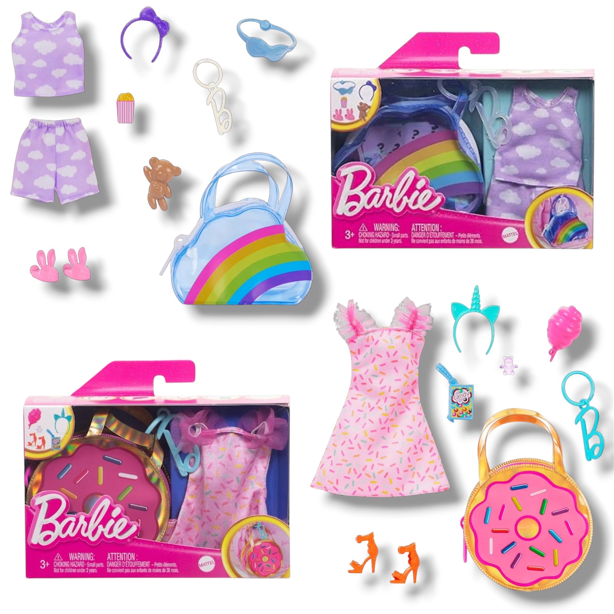 Mattel Barbie Vestiti con Borsette Ciambella Donut e Arcobaleno Set Abbigliamento Pigiama Party ed Estate