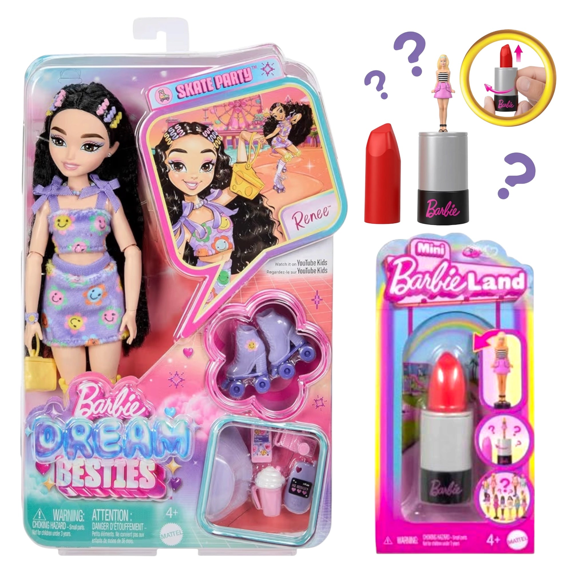 Mattel Barbie Dream Besties Renee Bambola Snodata Pattini a Rotelle e Mini BarbieLand Fashionistas 3,8 cm a Sorpresa Tubetto Rossetto Rosso