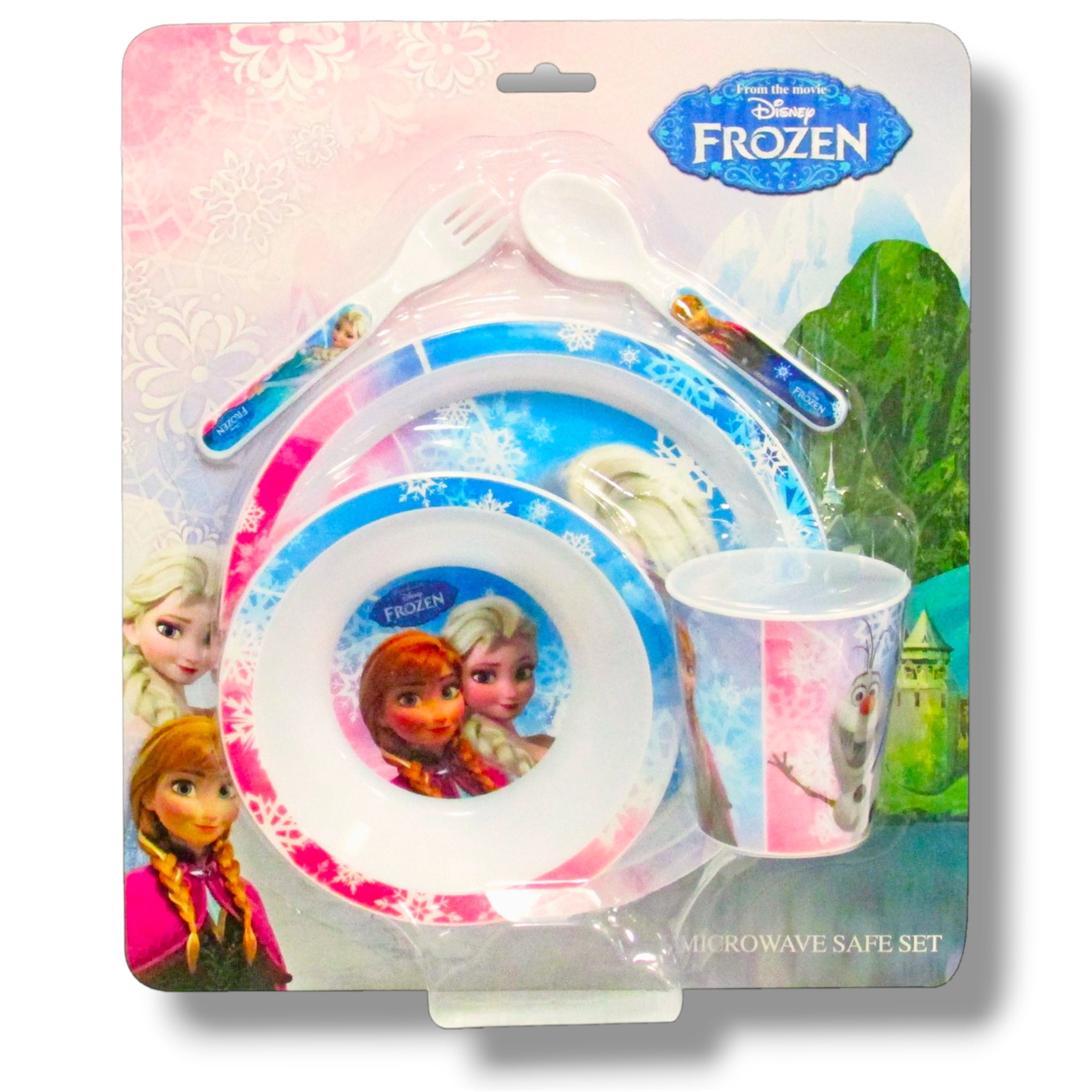 Set di stoviglie Frozen 5 pezzi in plastica adatta al microonde Piatto, ciotola, tazza, posate