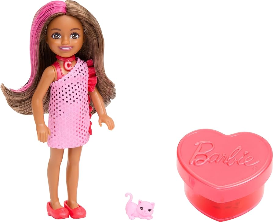 Mattel Barbie Party Surprise Chelsea 1 pz bambola e Mini BarbieLand Fashionistas 3,8 cm a Sorpresa Tubetto Rossetto Rosso