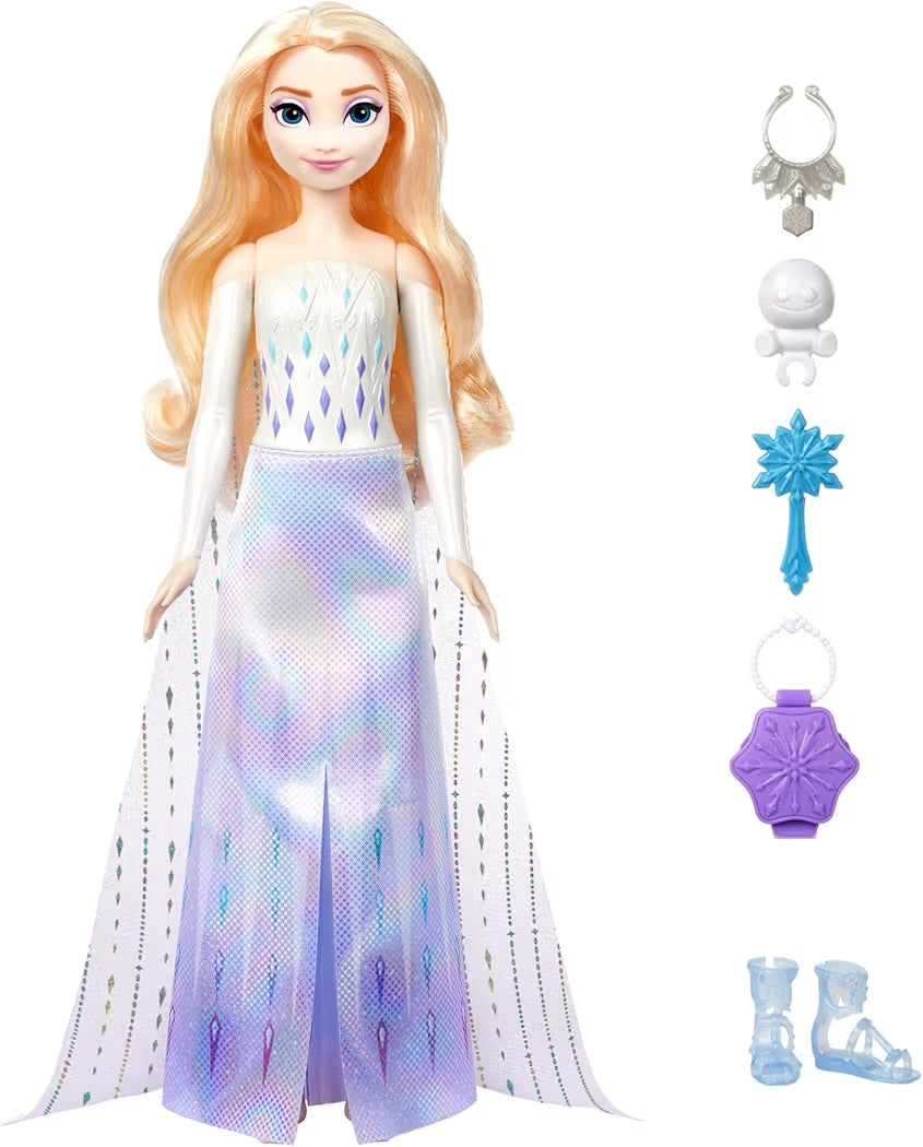 Mattel Disney Frozen Elsa Spin & Reveal bambola con funzione Spin & Reveal, 11 sorprese da scoprire, 5 accessori e 5 adesivi inclusi, look ispirato al film