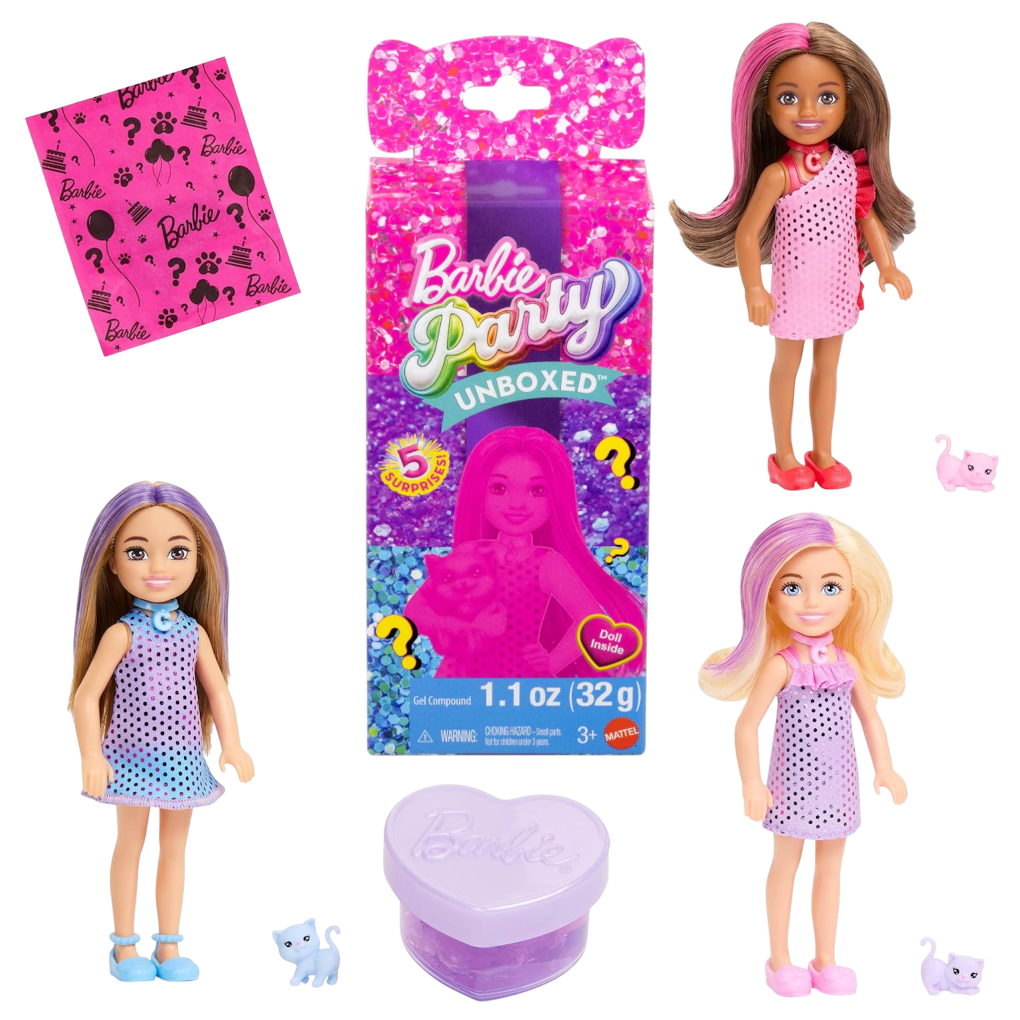 Mattel Barbie Party Surprise Chelsea 1 pz bambola e Mini BarbieLand Fashionistas 3,8 cm a Sorpresa Tubetto Rossetto Rosso