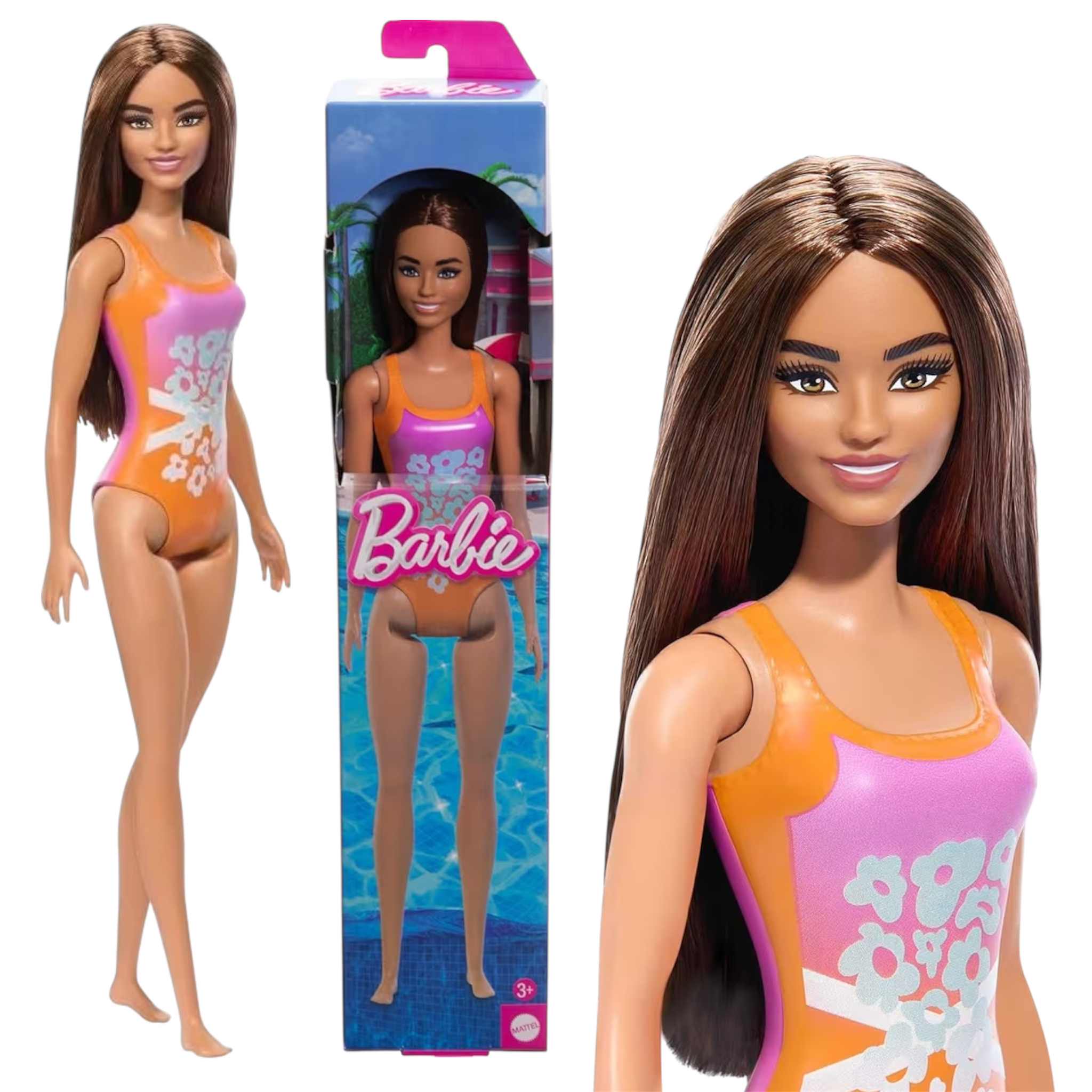Mattel Barbie Beach Bionda, Castana e Mora Set 3 Bambole da Spiaggia con Costume da Mare