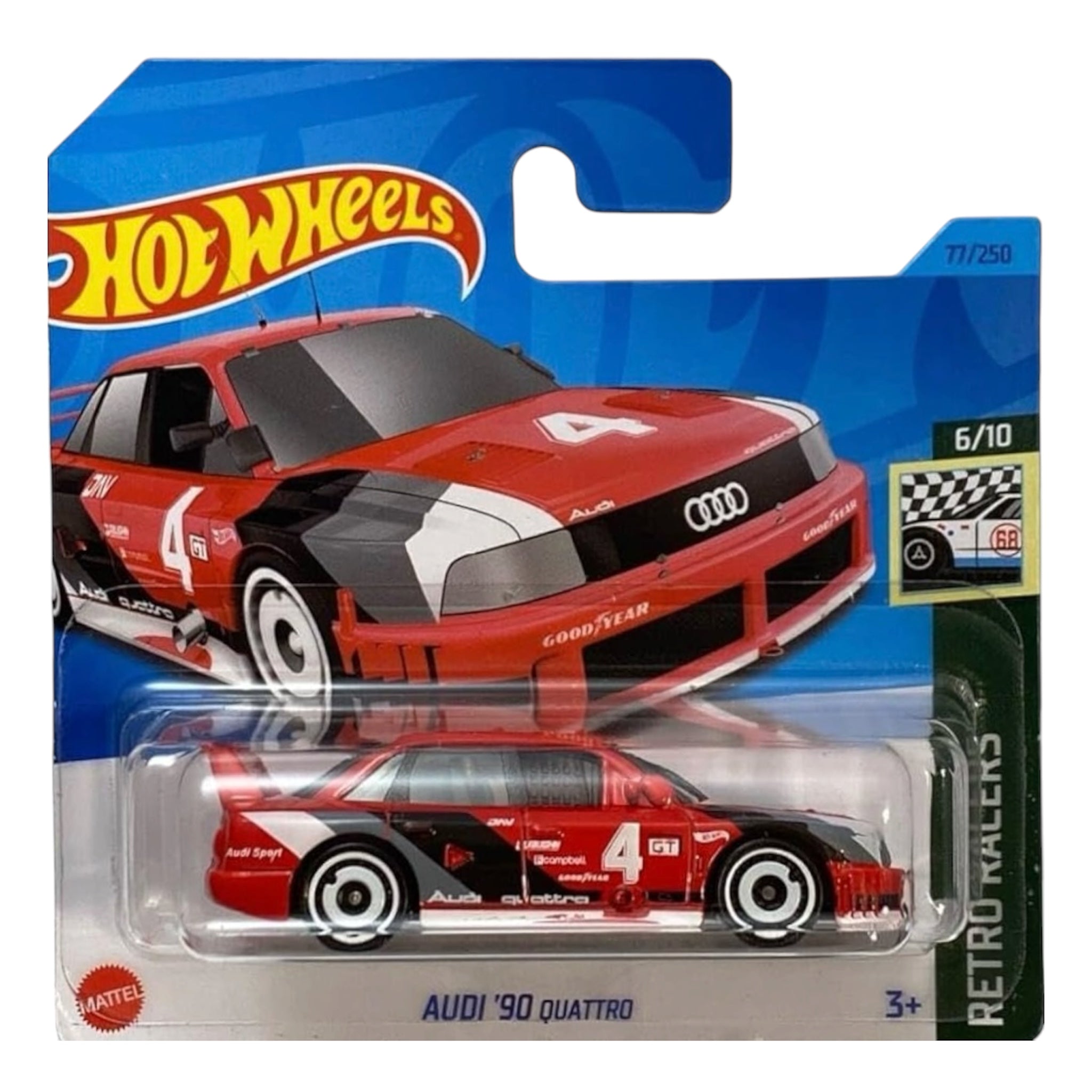 Mattel Hot Wheels Audi 90 Quattro 2023 Rosso Goodyear Retro Racers 6/10 HKJ81 Macchinina Giocattolo Bambini 3+