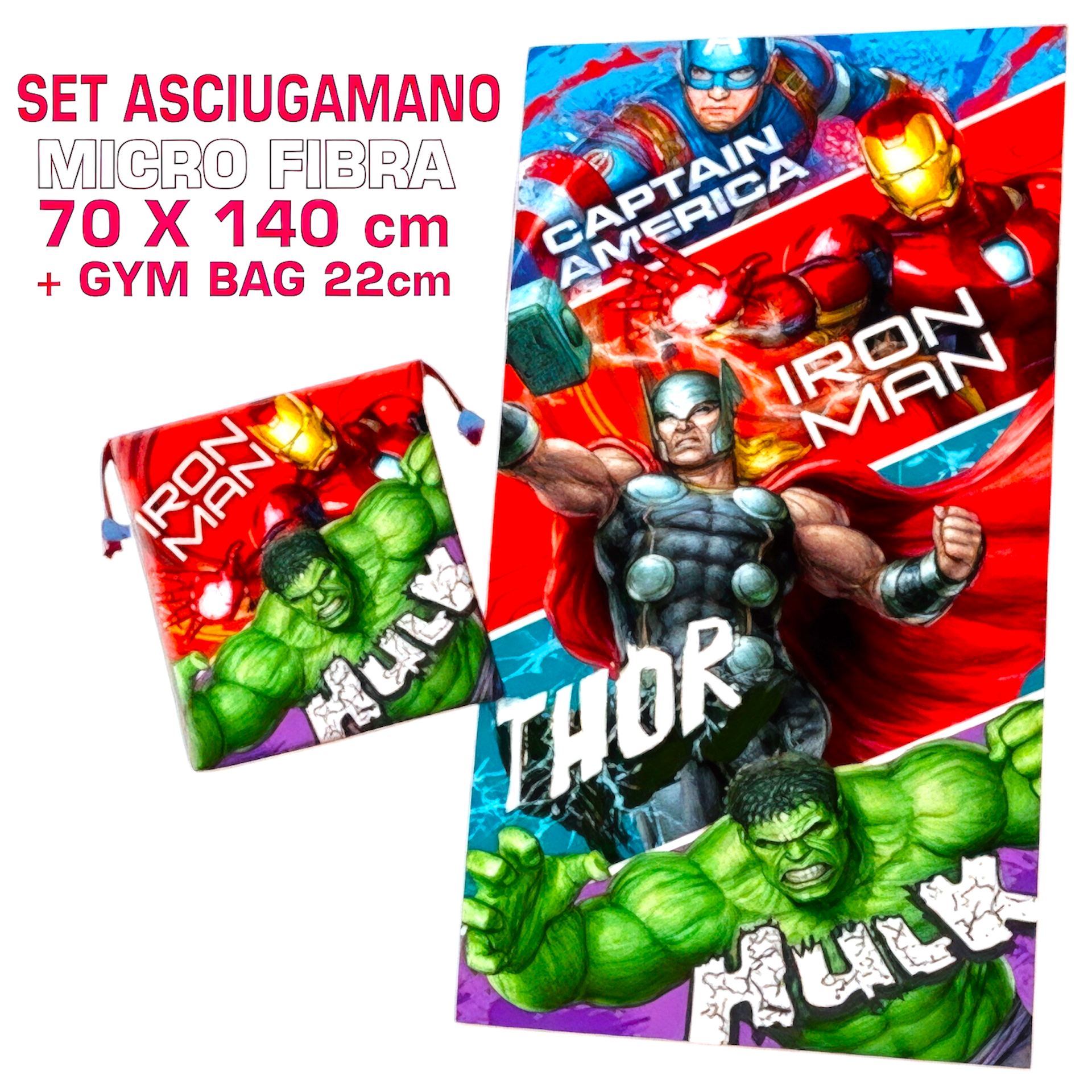 Telo mare AVENGERS 140 x 70 cm asciugamano in microfibra con sacca scarpe per bambini piscina spiaggia