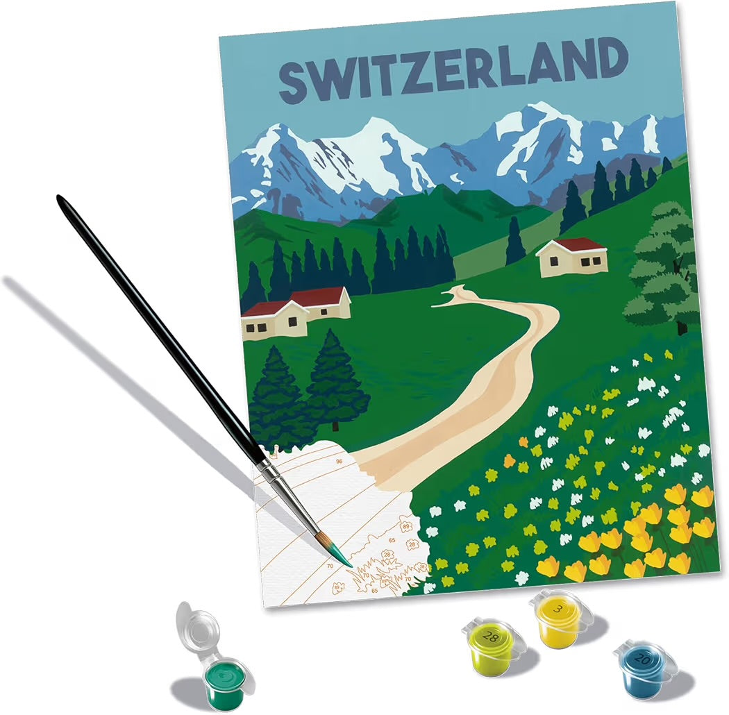 Ravensburger CreArt Svizzera, Kit per Dipingere con i Numeri, Contiene Tavola Prestampata 24x30 cm, Pennello, Colori e Accessori, Gioco Creativo per Adulti 14+ Anni