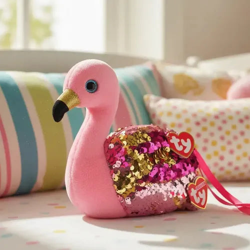 TY Fashion Gear (20 cm) Pochette Peluche Portamonete con paillettes Gilda The Pink Flamingo Borsa fenicottero da collezione