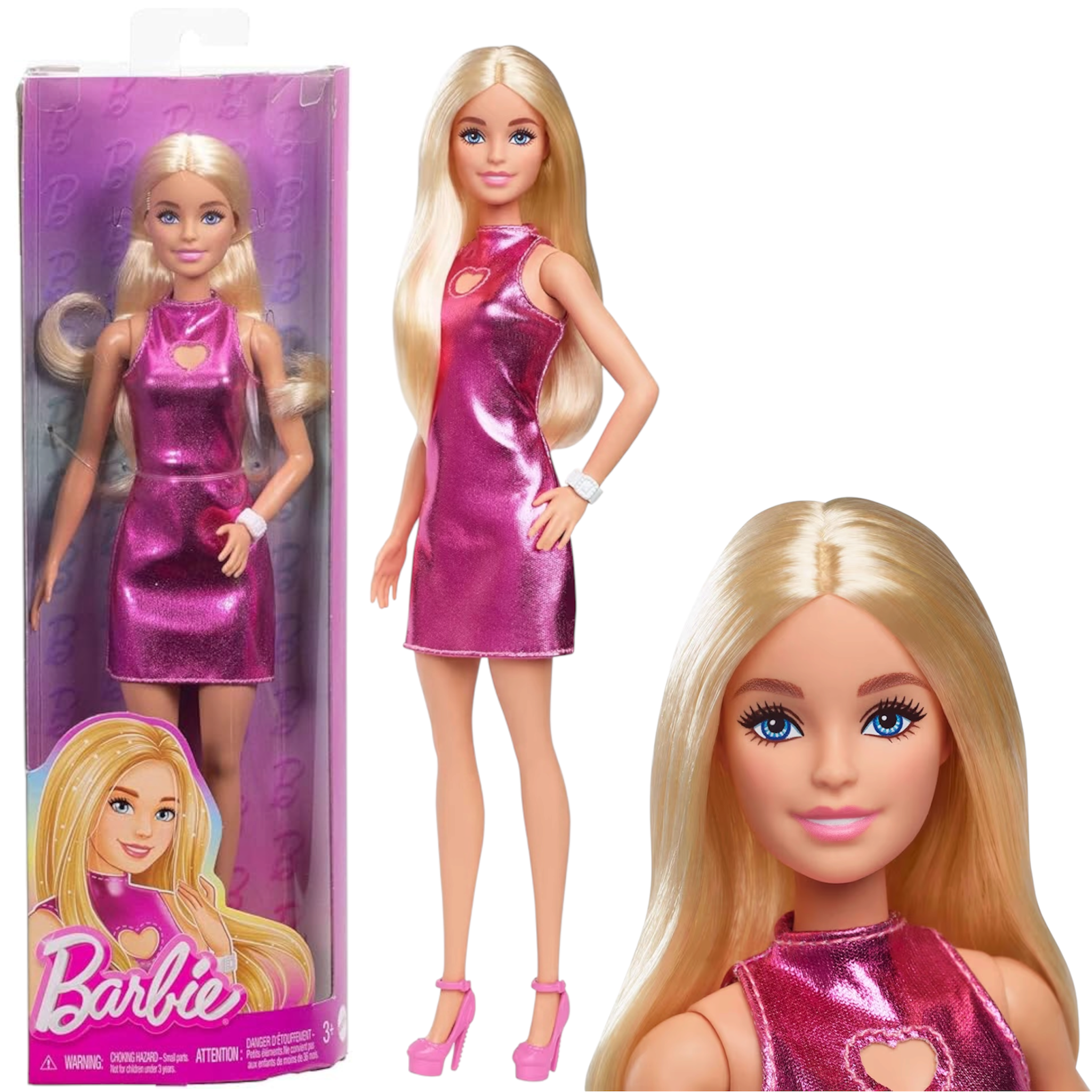 Mattel Barbie Fashionistas 230 HYT88 Bambola con Capelli Biondi, Abito Rosa Metallizzato e Accessori