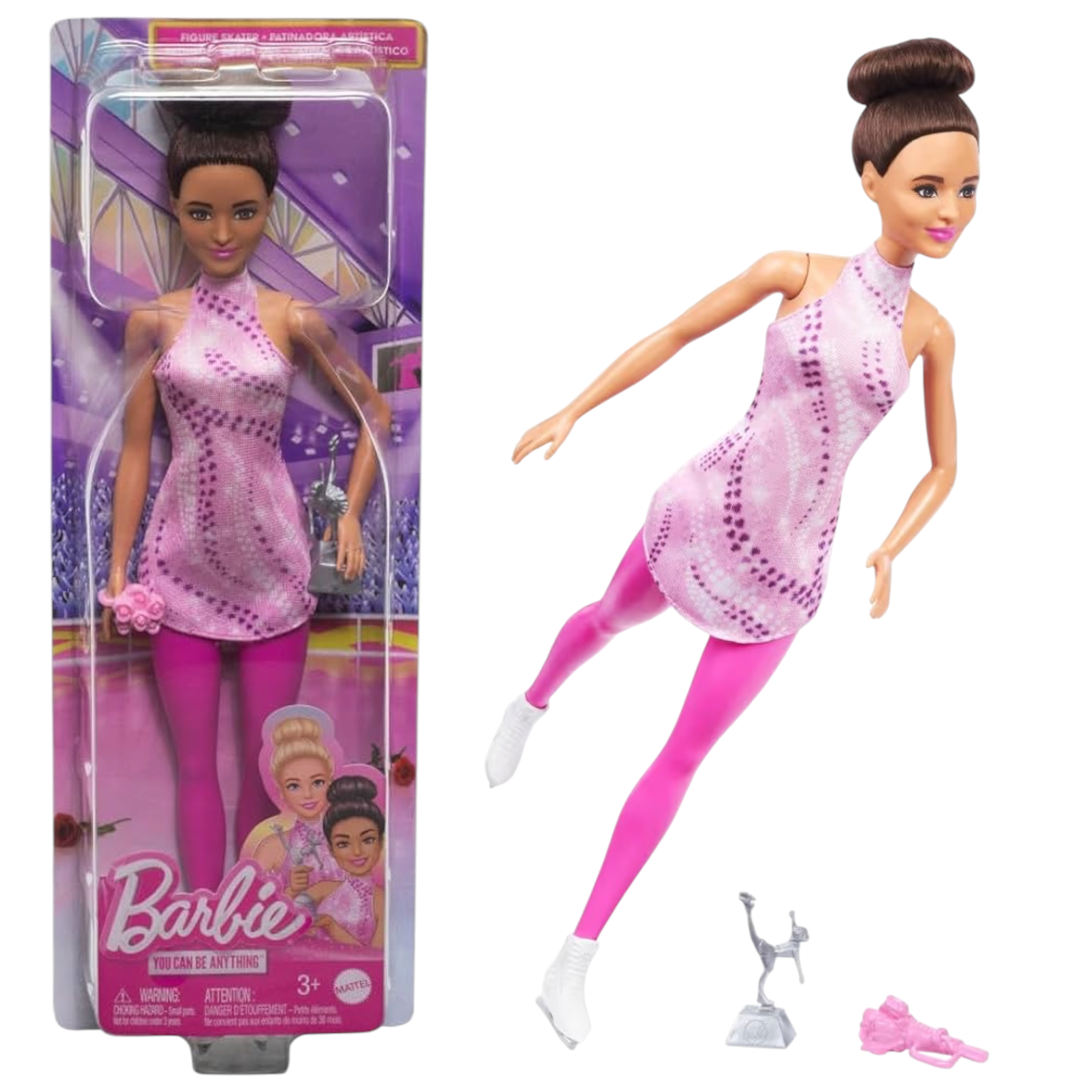 Mattel Barbie Carriere Pattinatrice con outfit rosa da pattinaggio, pattini da ghiaccio con trofeo 3+ anni HRG37