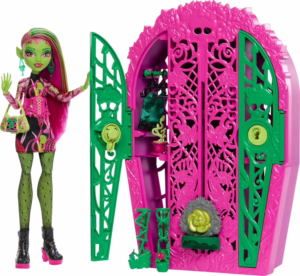 Mattel Monster High Segreti da Brivido Venus McFlytrap e I misteri in Giardino bambola con guardaroba, 19 accessori e abiti per il tea party