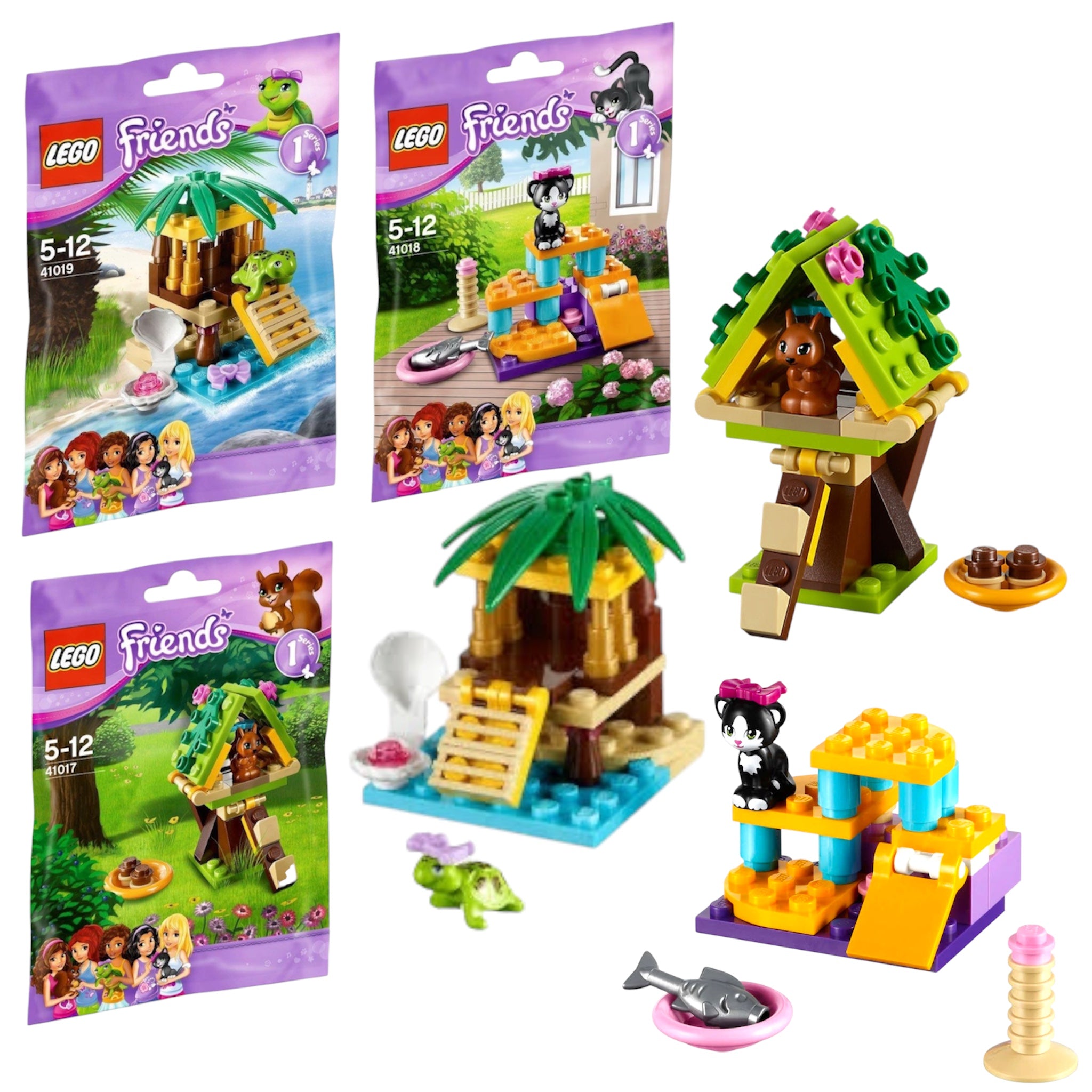 LEGO Friends Pets 3 pz Il Parco Giochi del Gatto, Il Rifugio dello Scoiattolo e La Piccola Oasi della Tartaruga