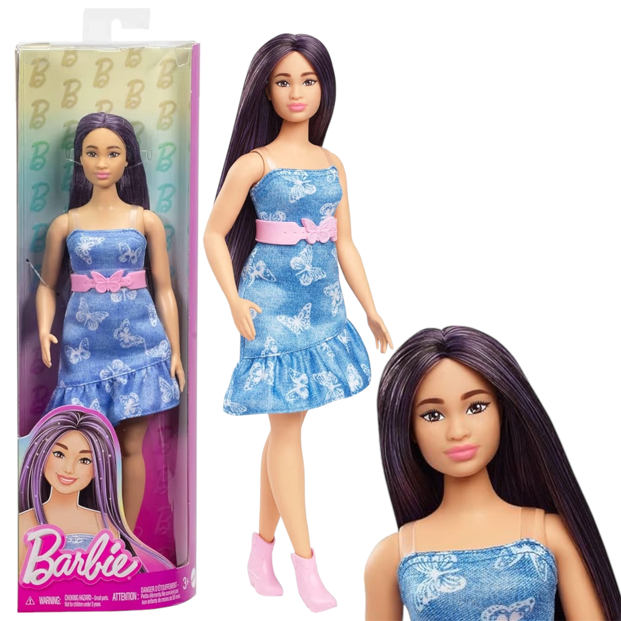 Mattel Barbie Fashionistas 231 HYT89 Bambola con Capelli Viola, Abito Denim Senza Spalline con Stampa Farfalla, Cintura Rosa e Stivali