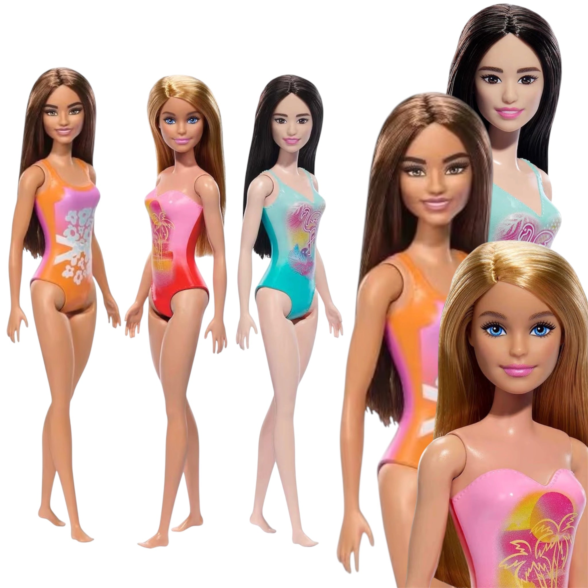 Mattel Barbie Beach Bionda, Castana e Mora Set 3 Bambole da Spiaggia con Costume da Mare