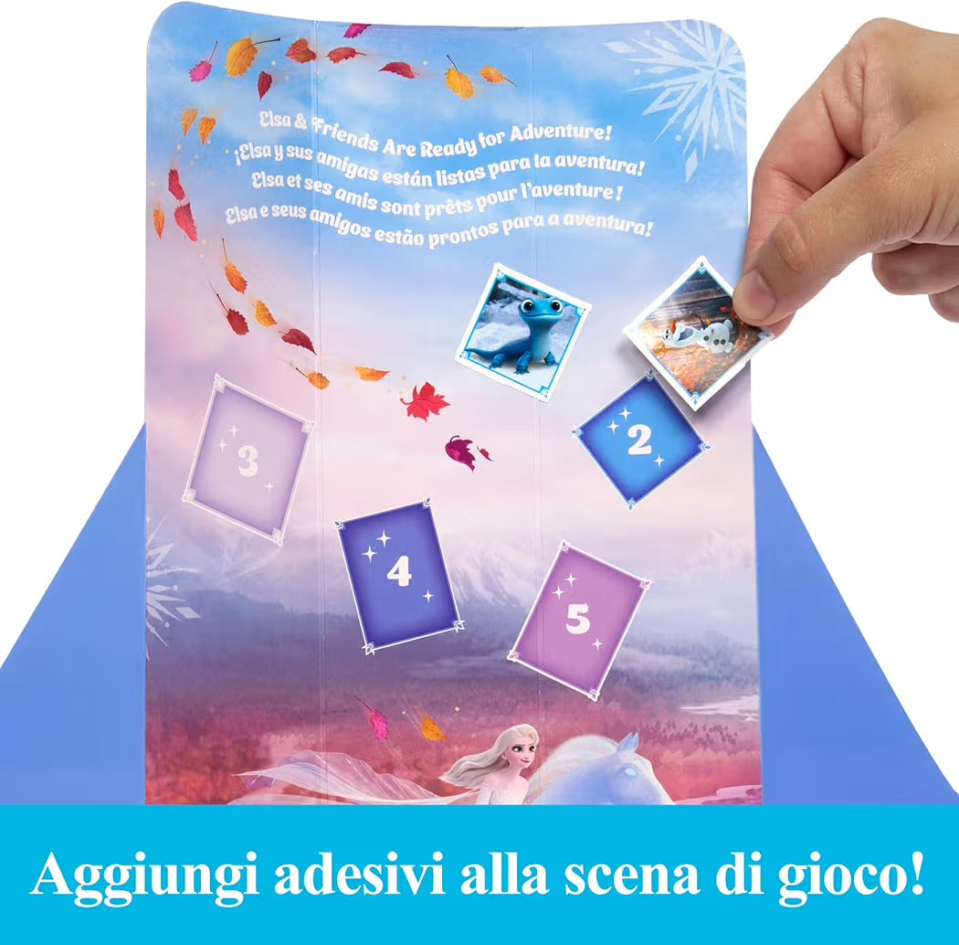 Mattel Disney Frozen Elsa Spin & Reveal bambola con funzione Spin & Reveal, 11 sorprese da scoprire, 5 accessori e 5 adesivi inclusi, look ispirato al film
