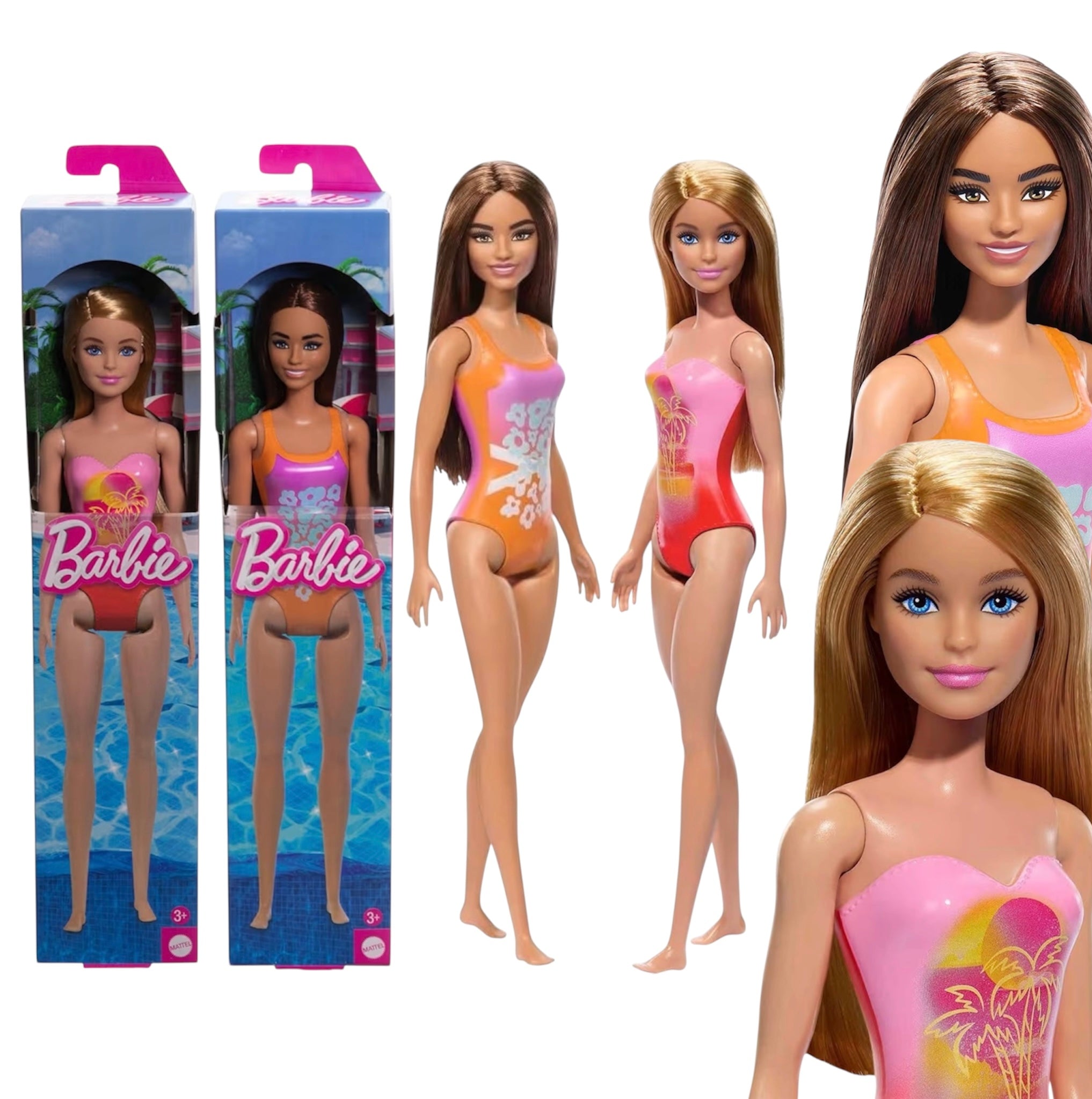 Mattel Barbie Beach Bionda e Castana – Bambole da Spiaggia con Costume da Mare