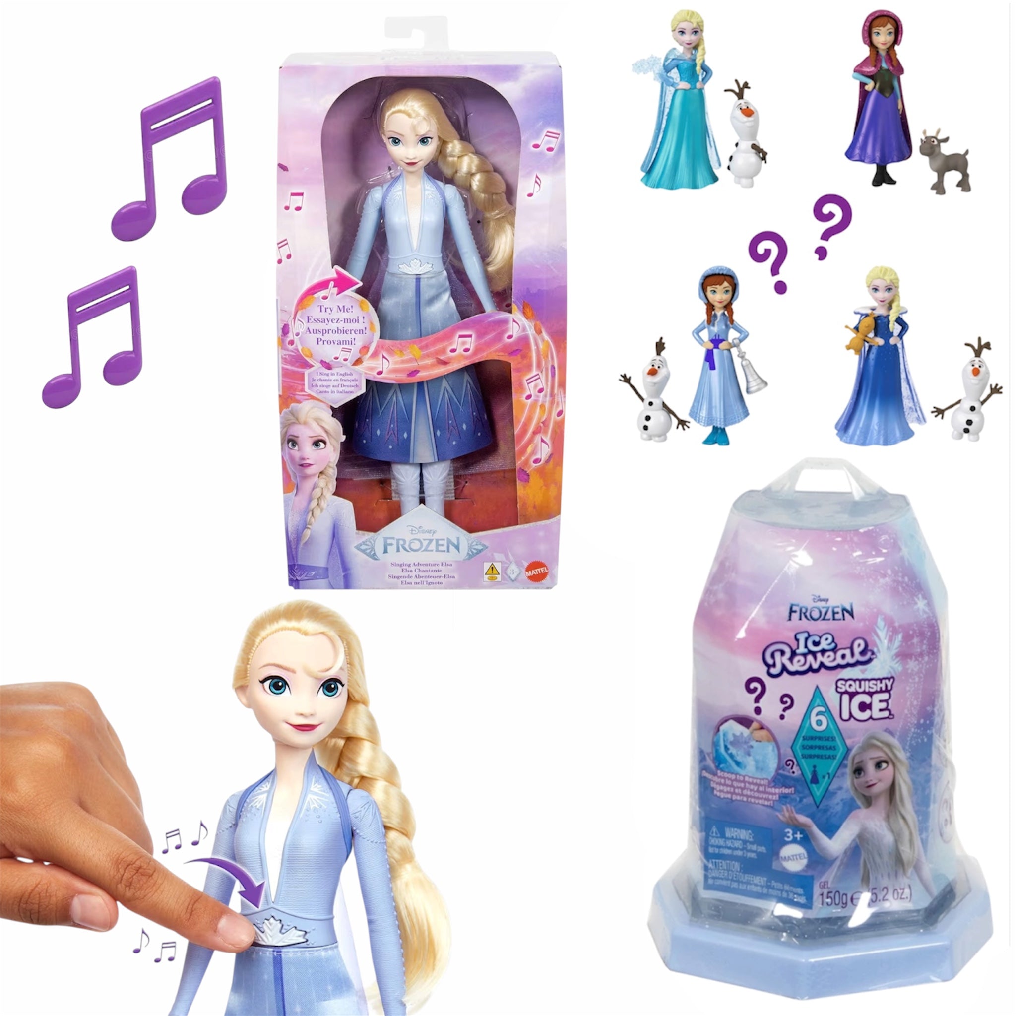 Mattel Set Disney Frozen Cantante Elsa Nell’Ignoto Bambola e Ice Reveal Mini Bambole Surprise con Accessori Originali