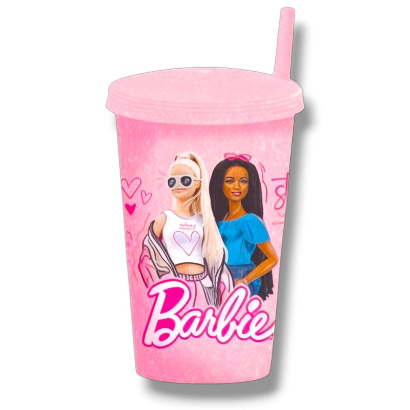 BARBIE Bicchiere Con Tappo e Cannuccia