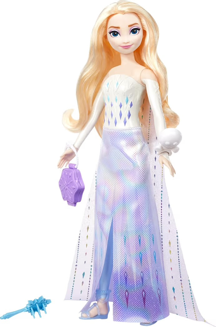 Mattel Disney Frozen Elsa Spin & Reveal bambola con funzione Spin & Reveal, 11 sorprese da scoprire, 5 accessori e 5 adesivi inclusi, look ispirato al film