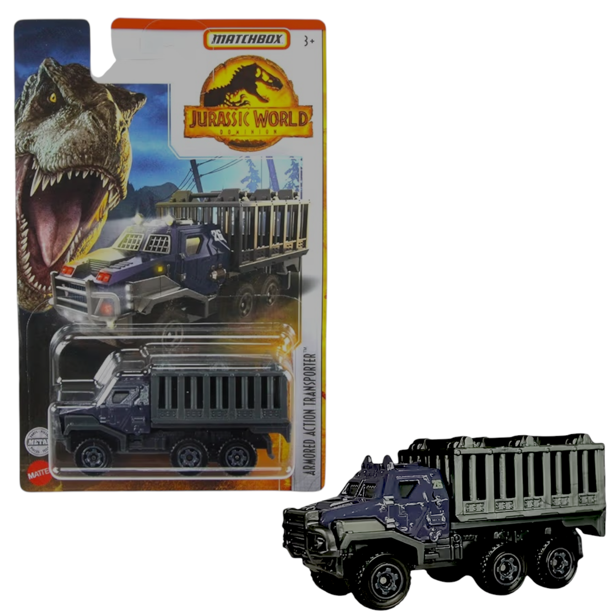 Mattel Matchbox Jurassic World Dominion - Veicoli in scala 1:64 in metallo pressofuso - Trasportatore d'azione corazzato