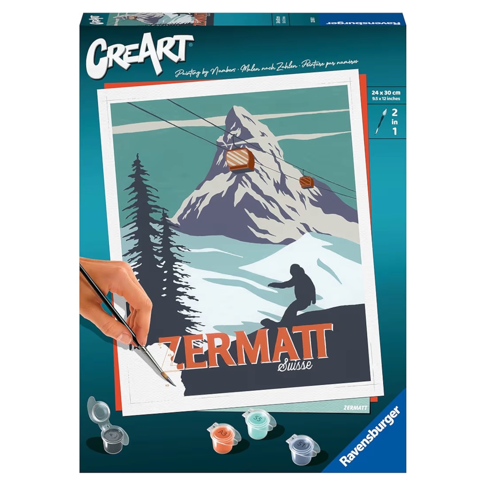 Ravensburger CreArt Zermatt in Svizzera Kit per Dipingere con i Numeri Contiene Tavola Prestampata 24x30 cm, Pennello, Colori e Accessori, Gioco Creativo per Adulti 14+ Anni