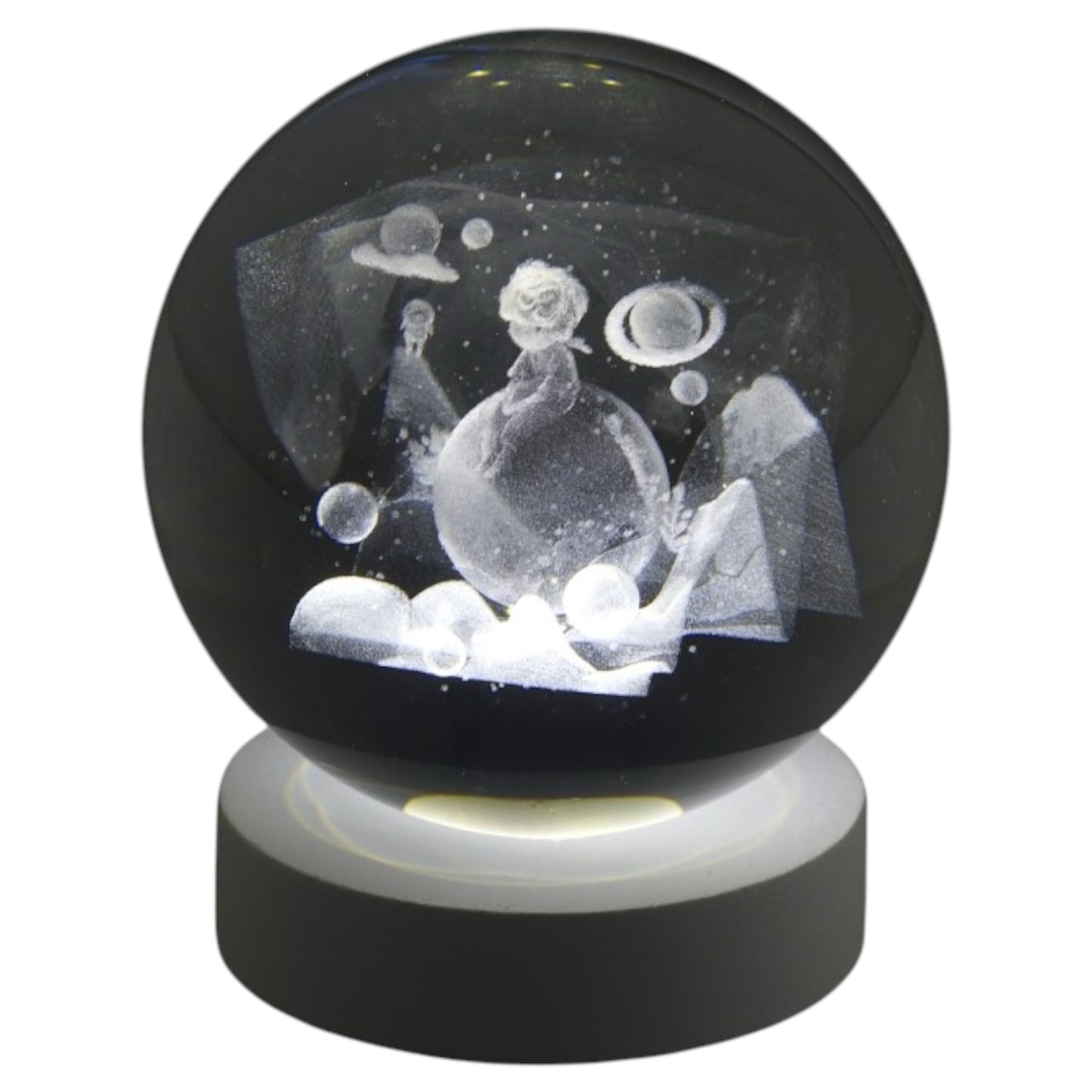 Sfera LED Piccolo Principe D60mm con Base Luminosa USB – Bomboniera in Vetro