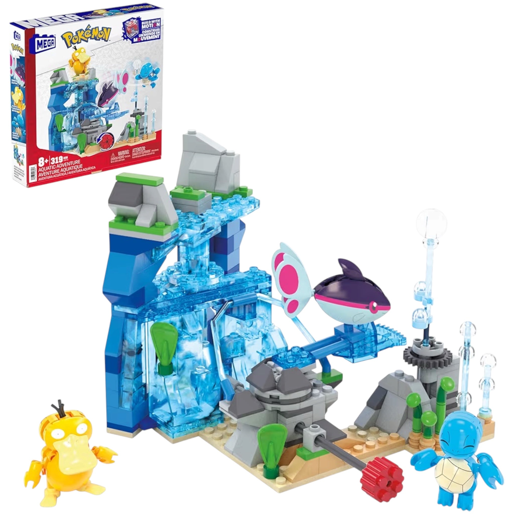MEGA Pokemon Avventura Acquatica Set da Costruzioni da 319 Pezzi con Squirtle, Psyduck e Finneon, Scenario Mobile e Personaggi Snodabili