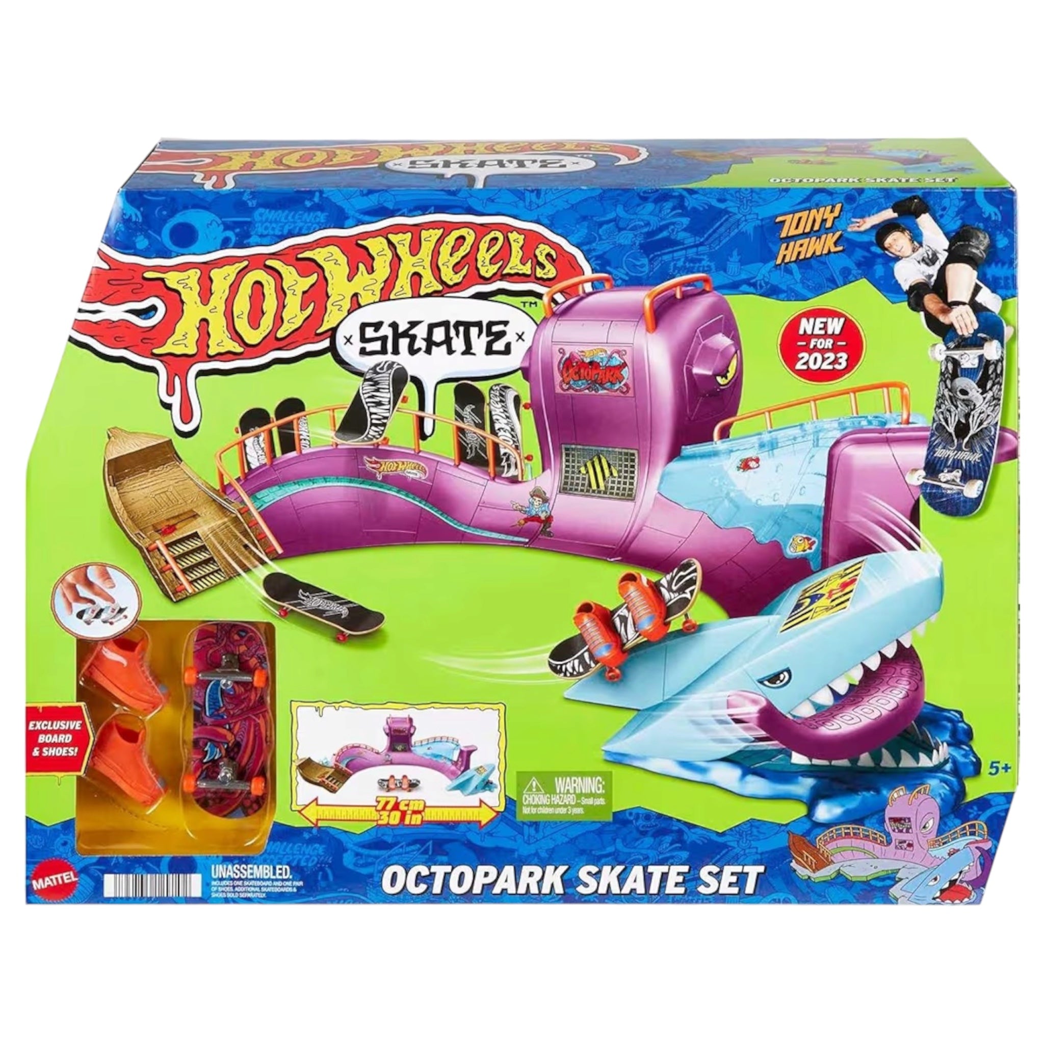 Mattel Hot Wheels Skate Octopus Skatepark con fingerboard e un paio di scarpe da skate rimovibili Set da gioco skateboard e scarpe