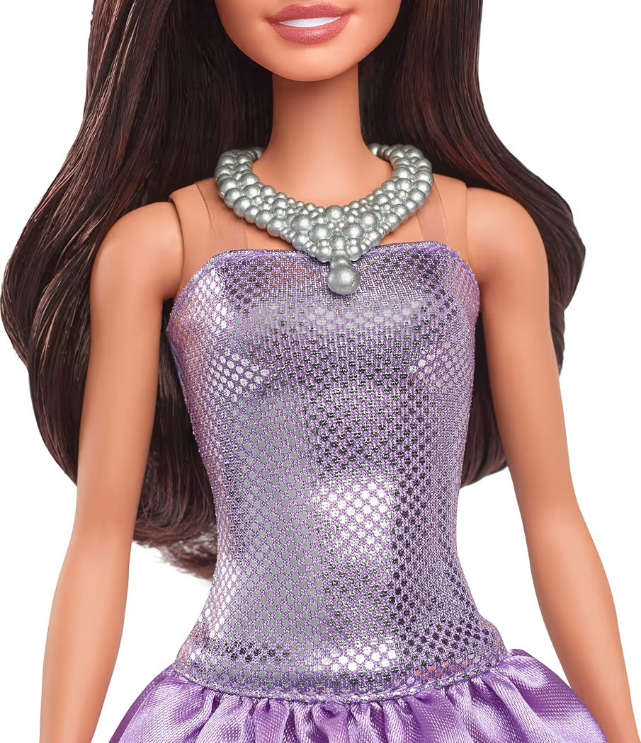 Mattel Barbie Fashionistas 234 HYT92 Bambola con Capelli Marroni, Abito Viola con Paillettes e Accessori