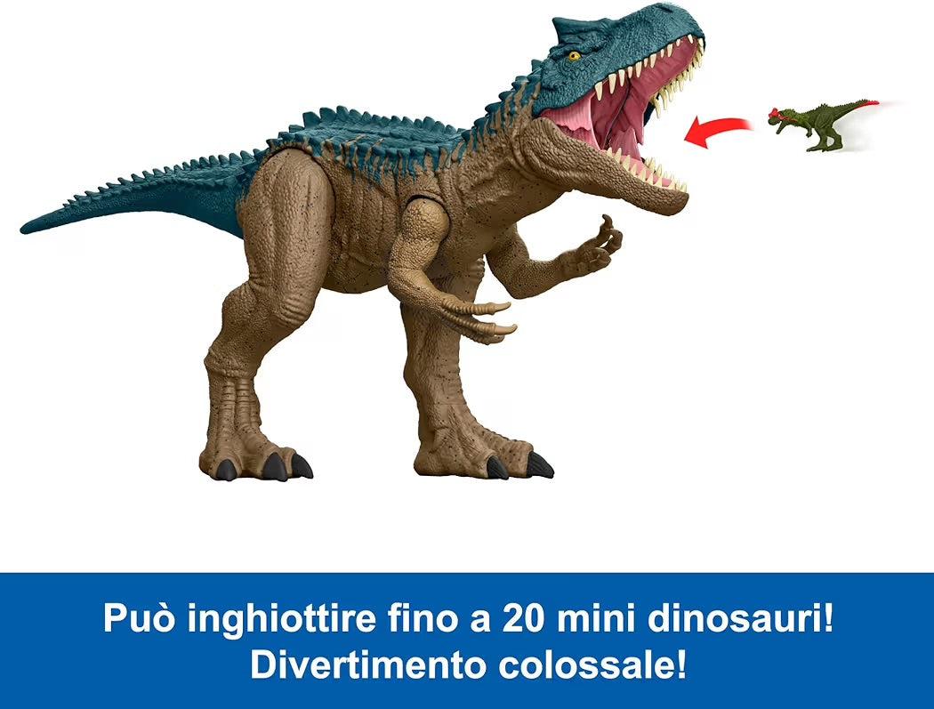 Mattel Jurassic World Teoria del Caos Allosauro Super Colossale dinosauro extra-large lungo 97 cm con dorso acuminato in grado di inghiottire 20 mini dinosauri 4+ anni, HRX53