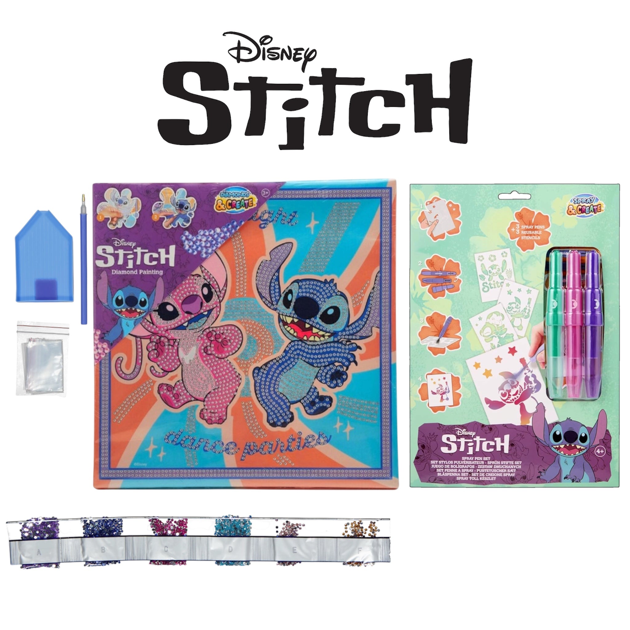 Set Creativi Disney Stitch Diamond Painting 30x30 e Spray Pen con Stencil 3 Pezzi Kit Creativo Bambini