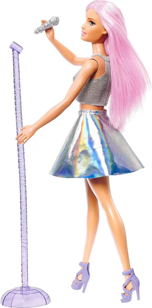 Mattel Barbie Carriere Pop Star con Microfono, Bambola Capelli Rosa e Abiti Argento, Giocattolo per bambini 3+ Anni, FXN98
