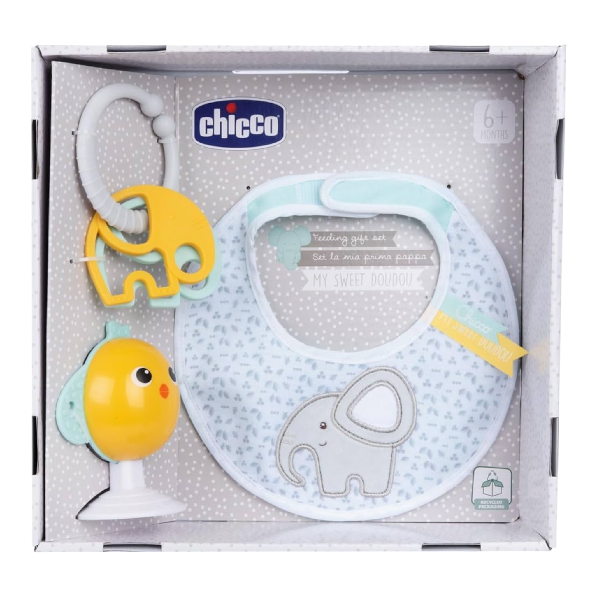 Chicco Set Regalo La Mia Prima Pappa Set Composto da Bavaglino Gioco per Seggiolone con Ventosa, con Due Sonagli Colorati