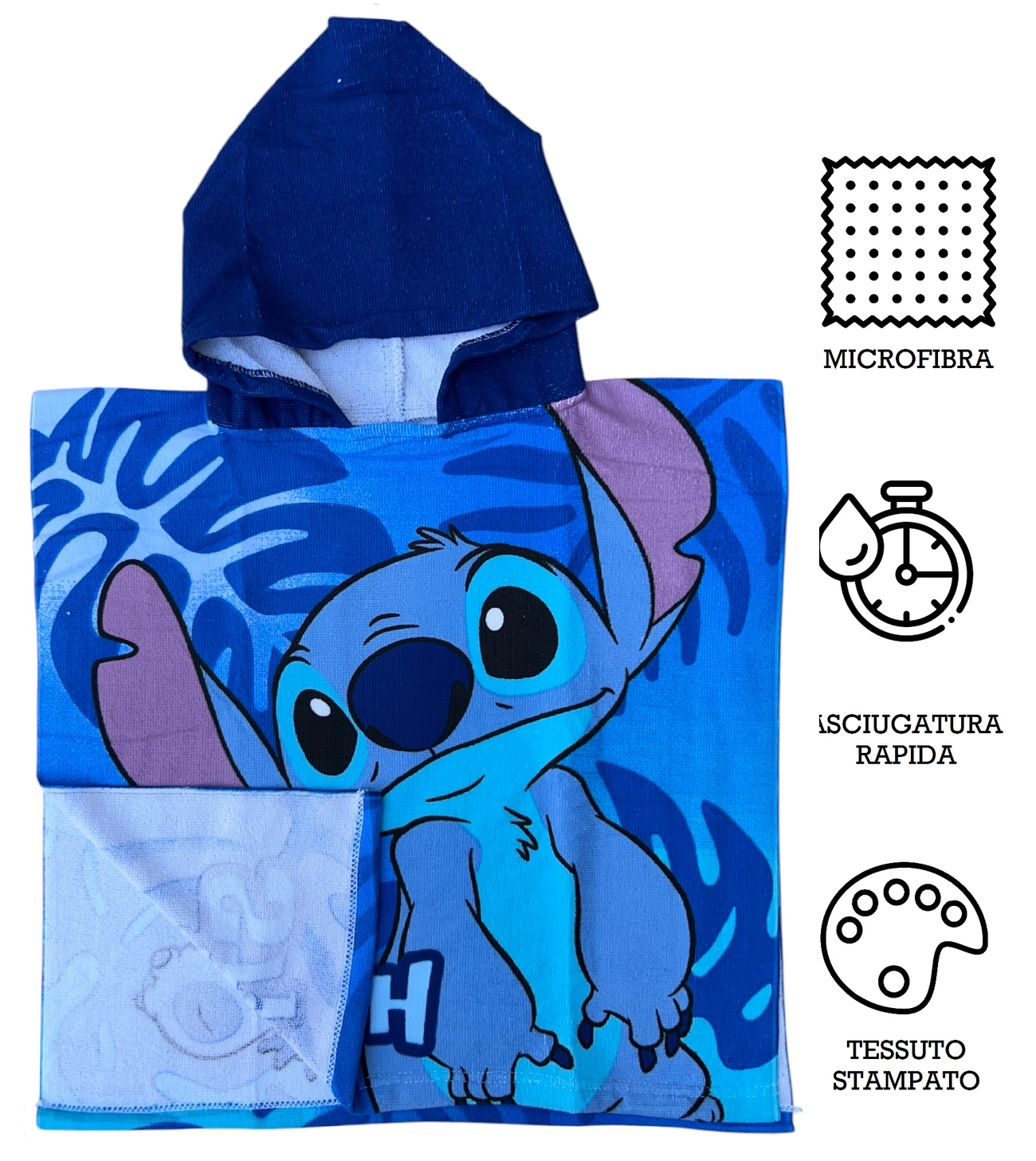 Poncho Disney Stitch con cappuccio Asciugamano da spiaggia Mare e piscina Accappatoio in microfibra 50x100 cm asciugatura rapida, ultra morbido